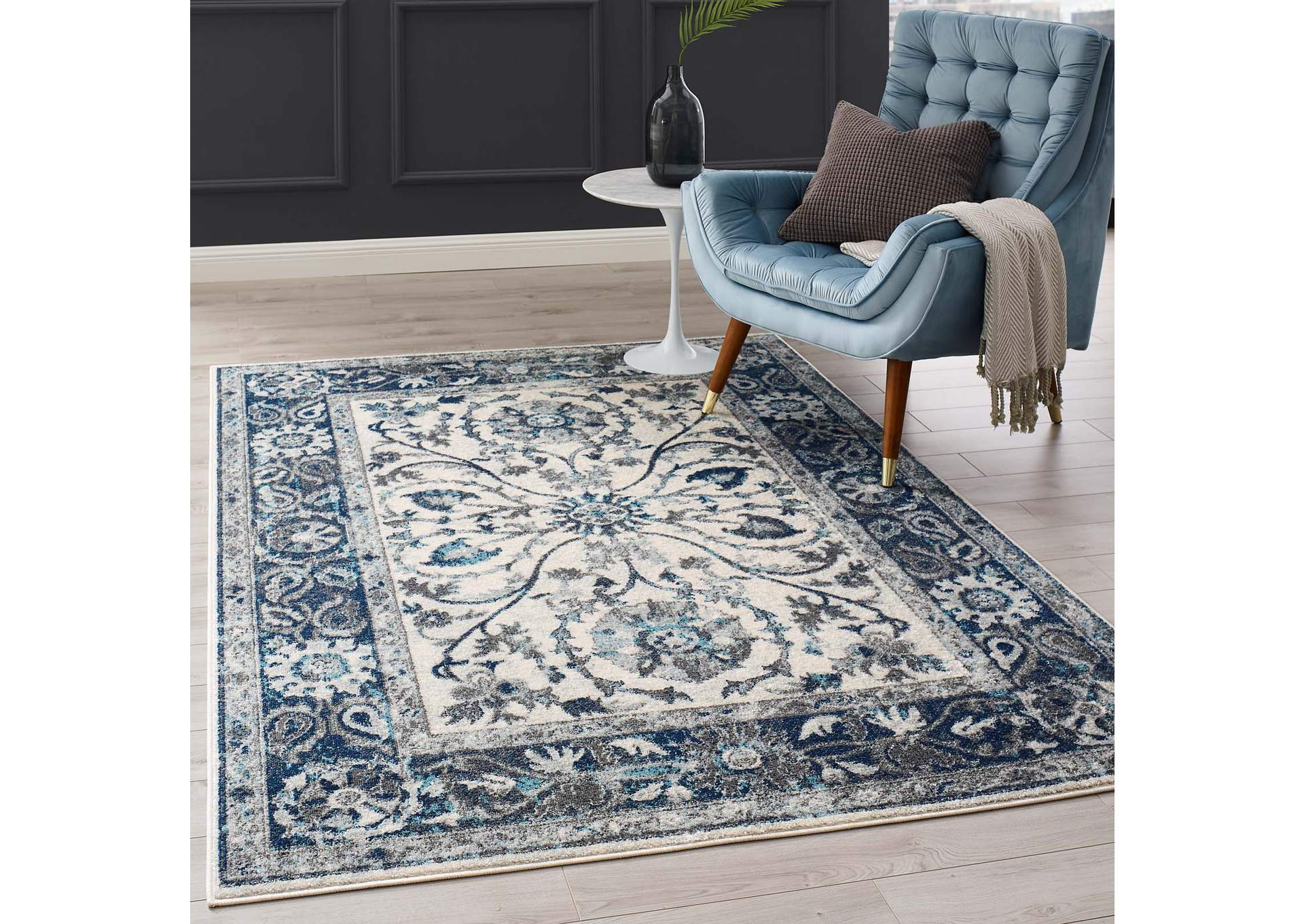 Ivory and Blue Entourage Samira Distressed Vintage Floral Persian Medallion 5x8 Area Rug,Modway