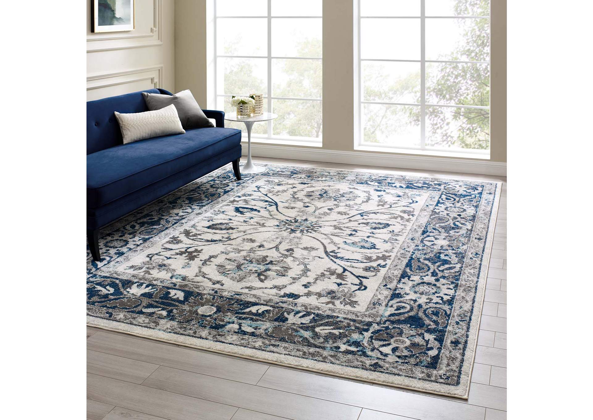 Ivory and Blue Entourage Samira Distressed Vintage Floral Persian Medallion 8x10 Area Rug,Modway