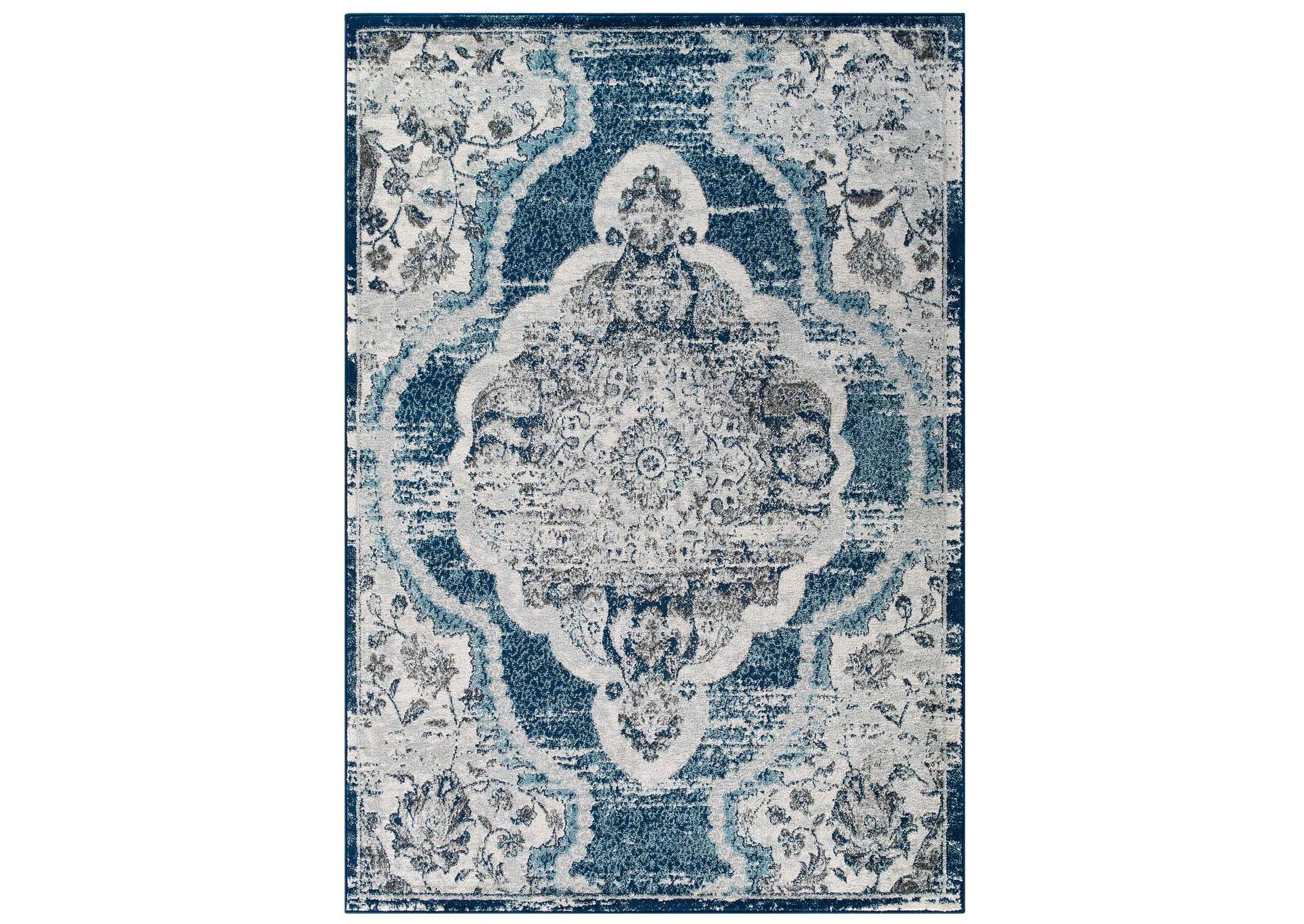 Ivory and Blue Entourage Malia Distressed Vintage Floral Persian Medallion 5x8 Area Rug,Modway