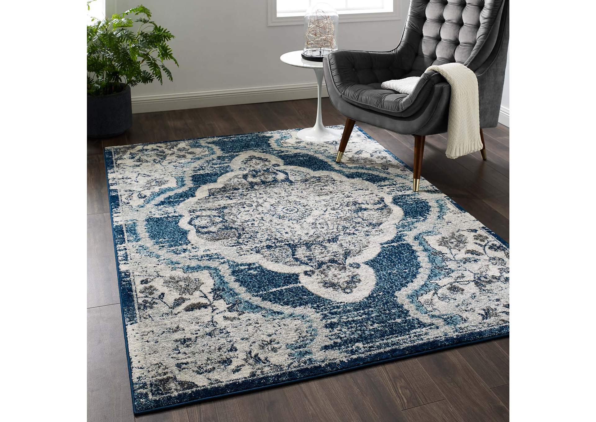 Ivory and Blue Entourage Malia Distressed Vintage Floral Persian Medallion 5x8 Area Rug,Modway