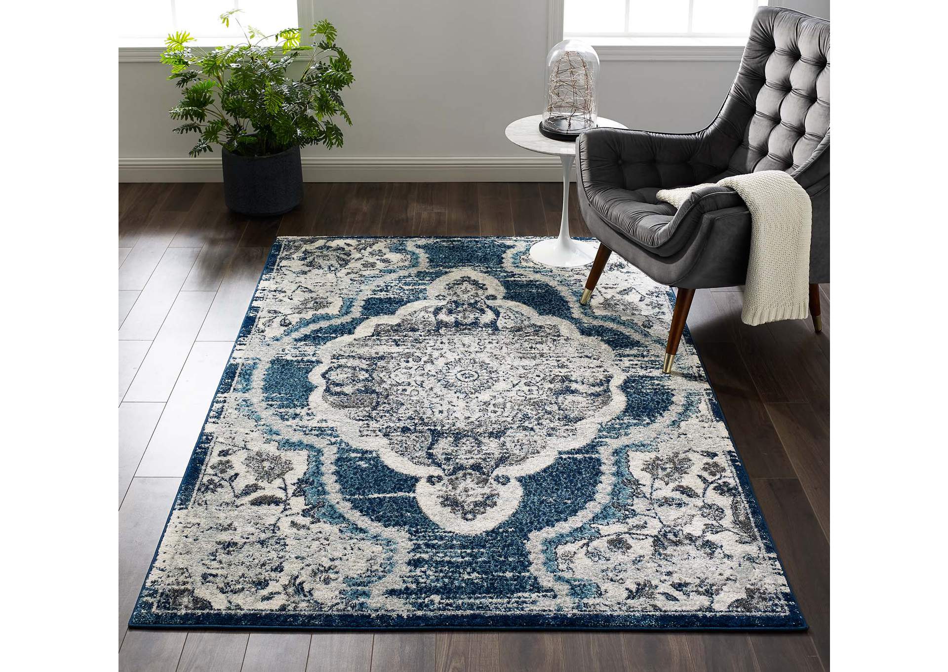 Ivory and Blue Entourage Malia Distressed Vintage Floral Persian Medallion 5x8 Area Rug,Modway