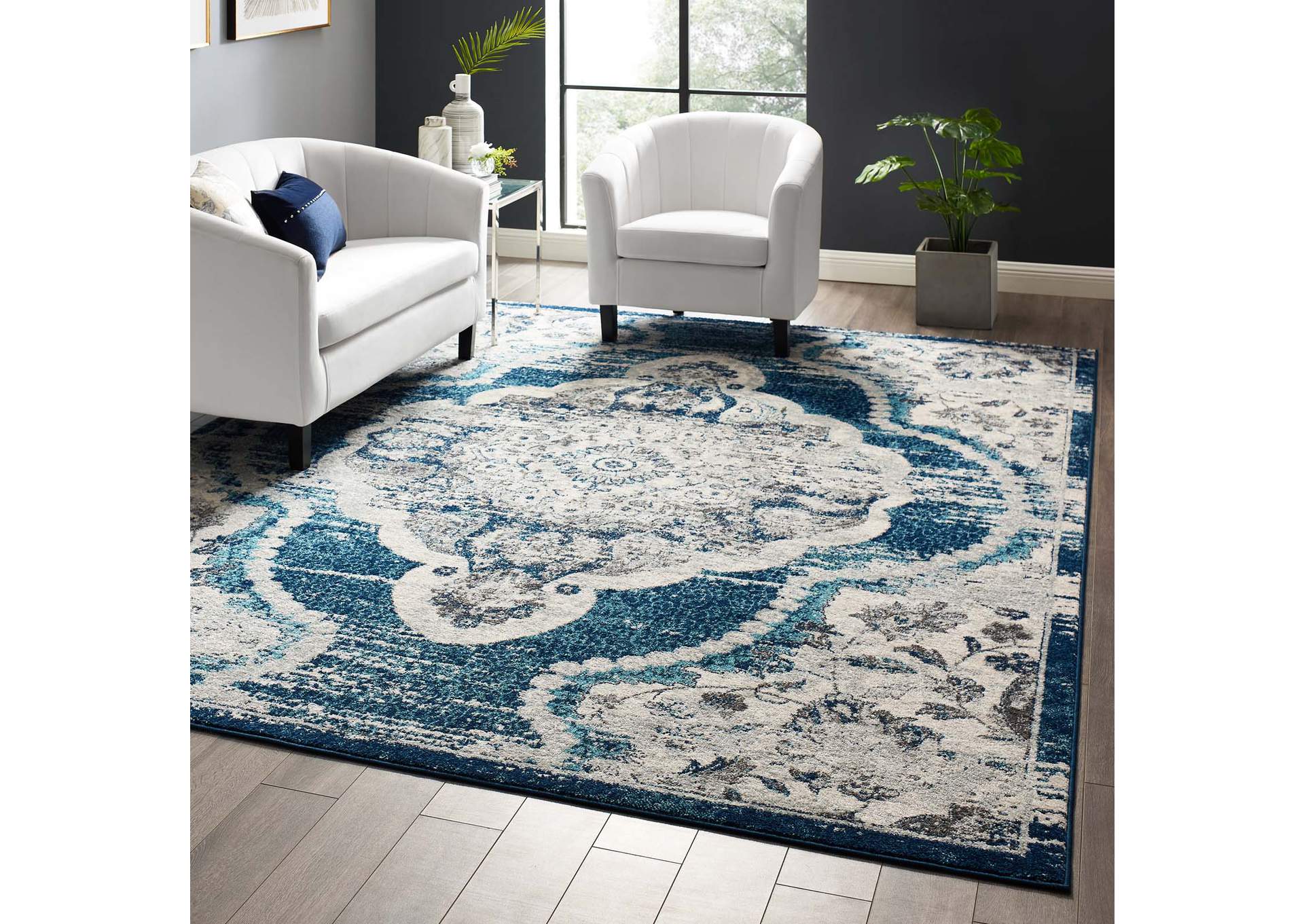 Ivory and Blue Entourage Malia Distressed Vintage Floral Persian Medallion 8x10 Area Rug,Modway