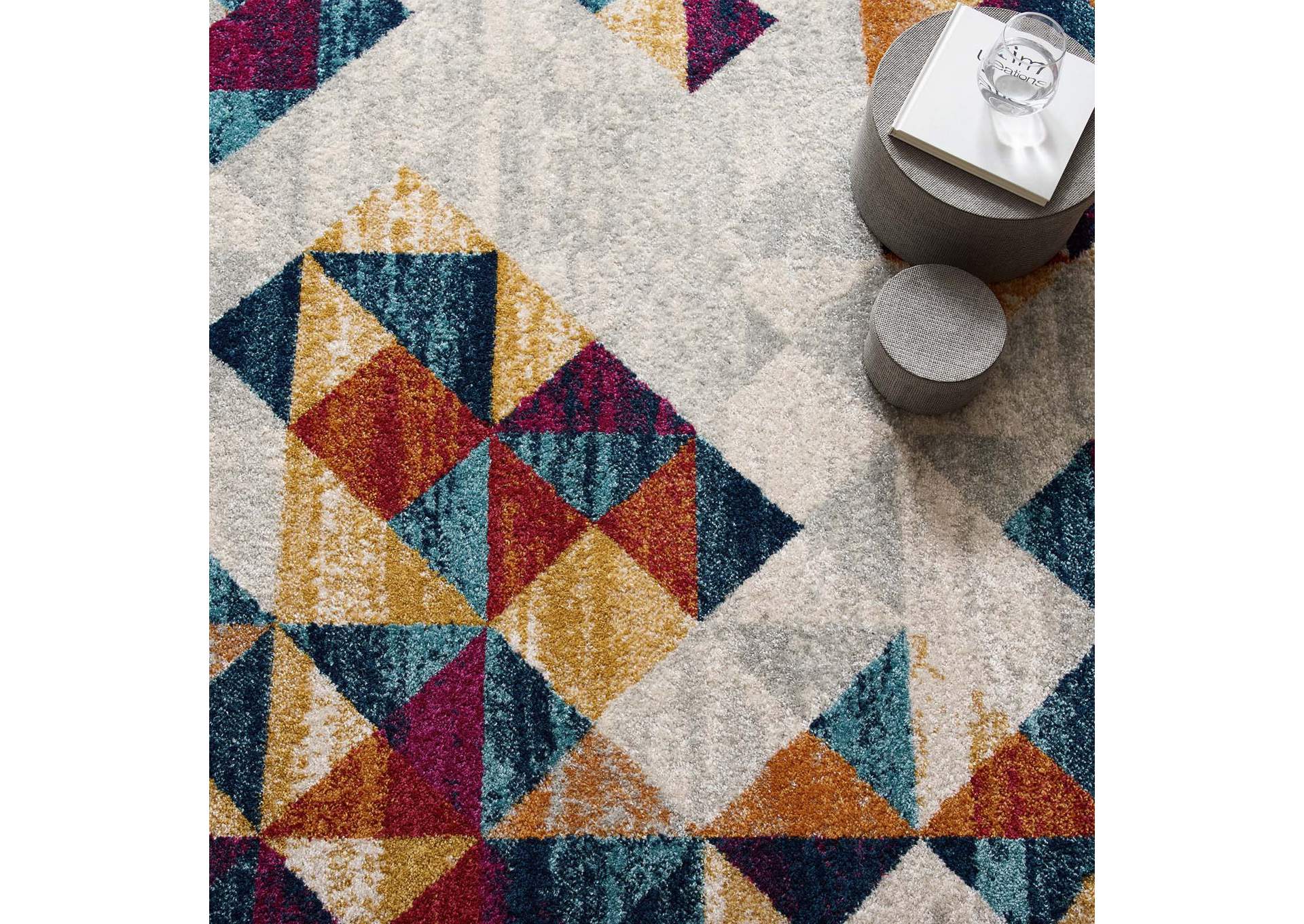 Multicolored Entourage Elettra Distressed Geometric Triangle Mosaic 5x8 Area Rug,Modway