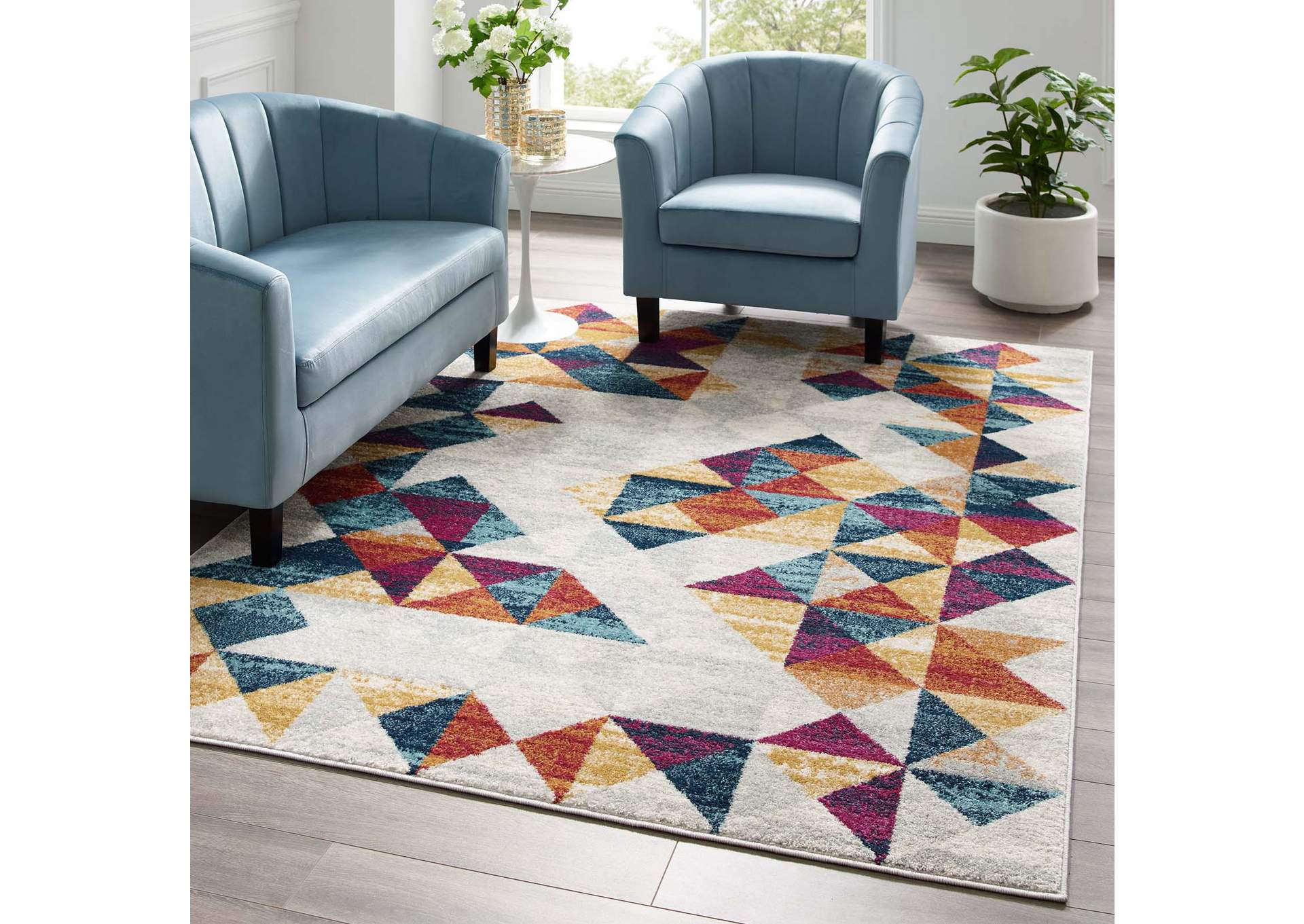 Multicolored Entourage Elettra Distressed Geometric Triangle Mosaic 5x8 Area Rug,Modway