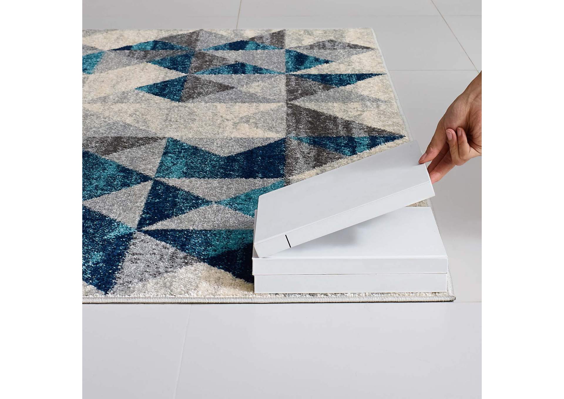 Gray and Blue Entourage Elettra Distressed Geometric Triangle Mosaic 5x8 Area Rug,Modway