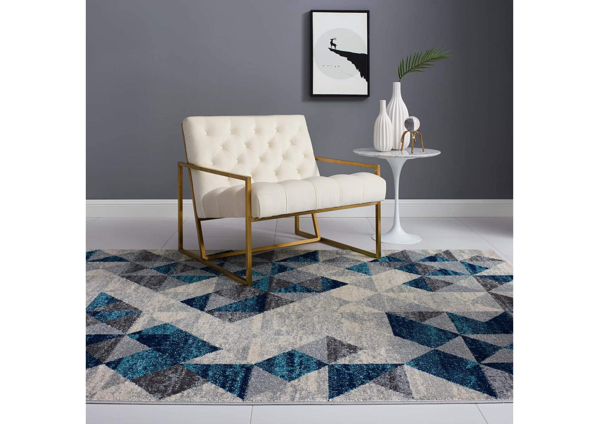 Gray and Blue Entourage Elettra Distressed Geometric Triangle Mosaic 5x8 Area Rug,Modway