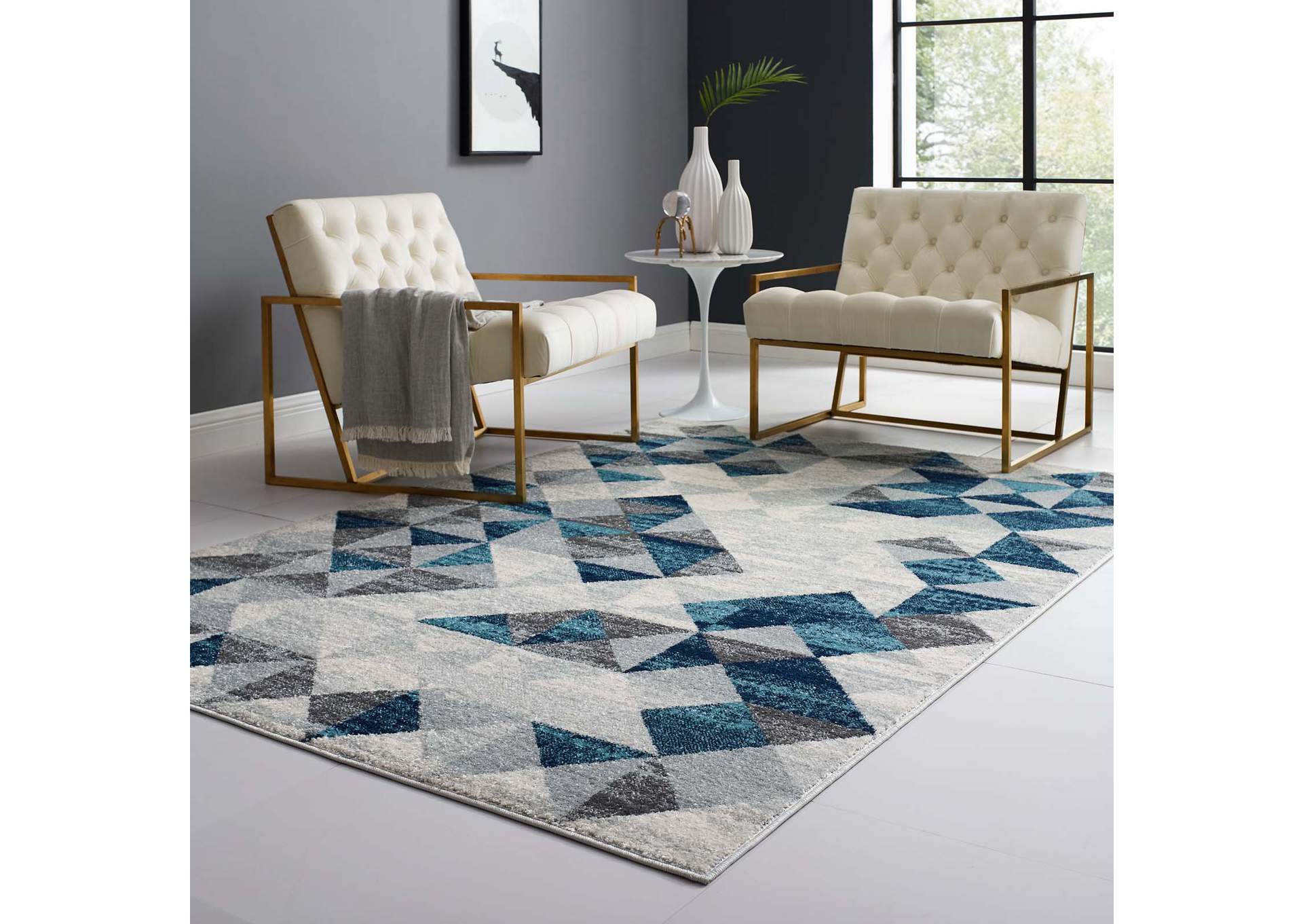 Gray and Blue Entourage Elettra Distressed Geometric Triangle Mosaic 5x8 Area Rug,Modway