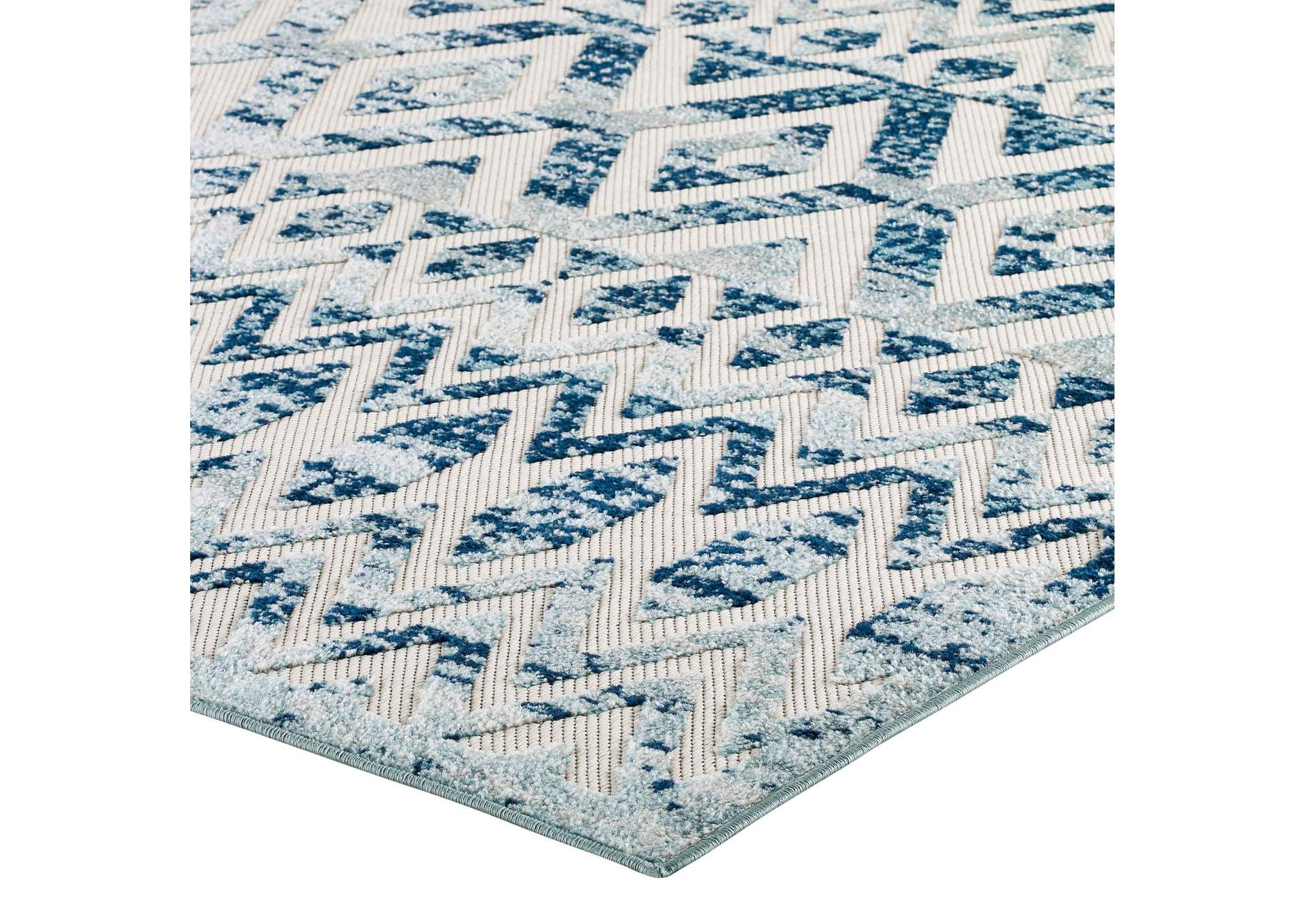 Ivory and Blue Reflect Tamako Diamond and Chevron Moroccan Trellis 5x8 Indoor / Outdoor Area Rug,Modway