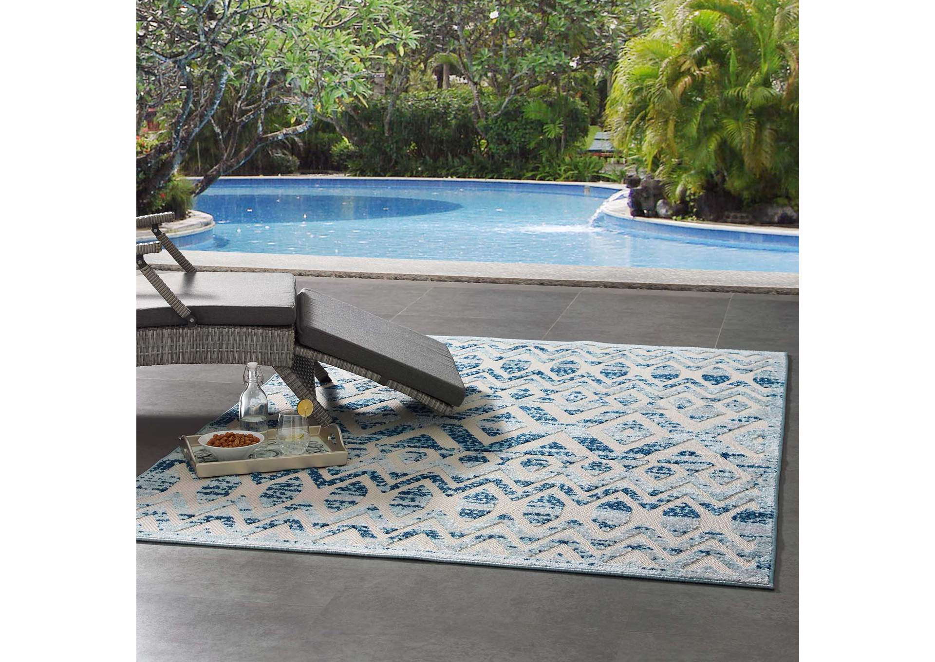 Ivory and Blue Reflect Tamako Diamond and Chevron Moroccan Trellis 5x8 Indoor / Outdoor Area Rug,Modway