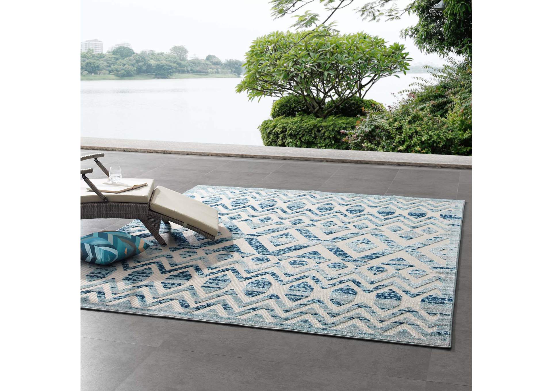 Ivory and Blue Reflect Tamako Diamond and Chevron Moroccan Trellis 8x10 Indoor / Outdoor Area Rug,Modway