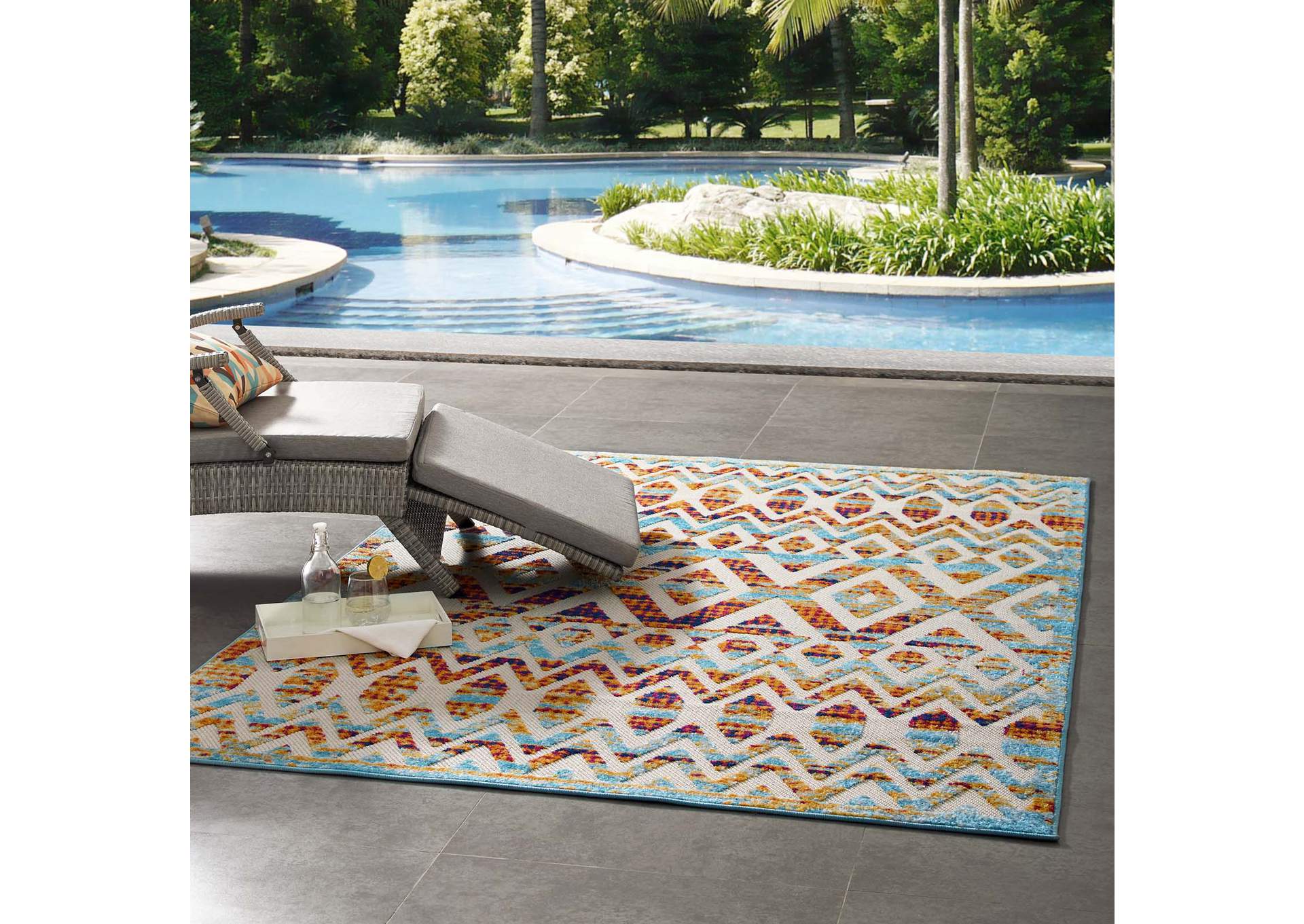 Multicolored Reflect Tamako Diamond and Chevron Moroccan Trellis 5x8 Indoor / Outdoor Area Rug,Modway