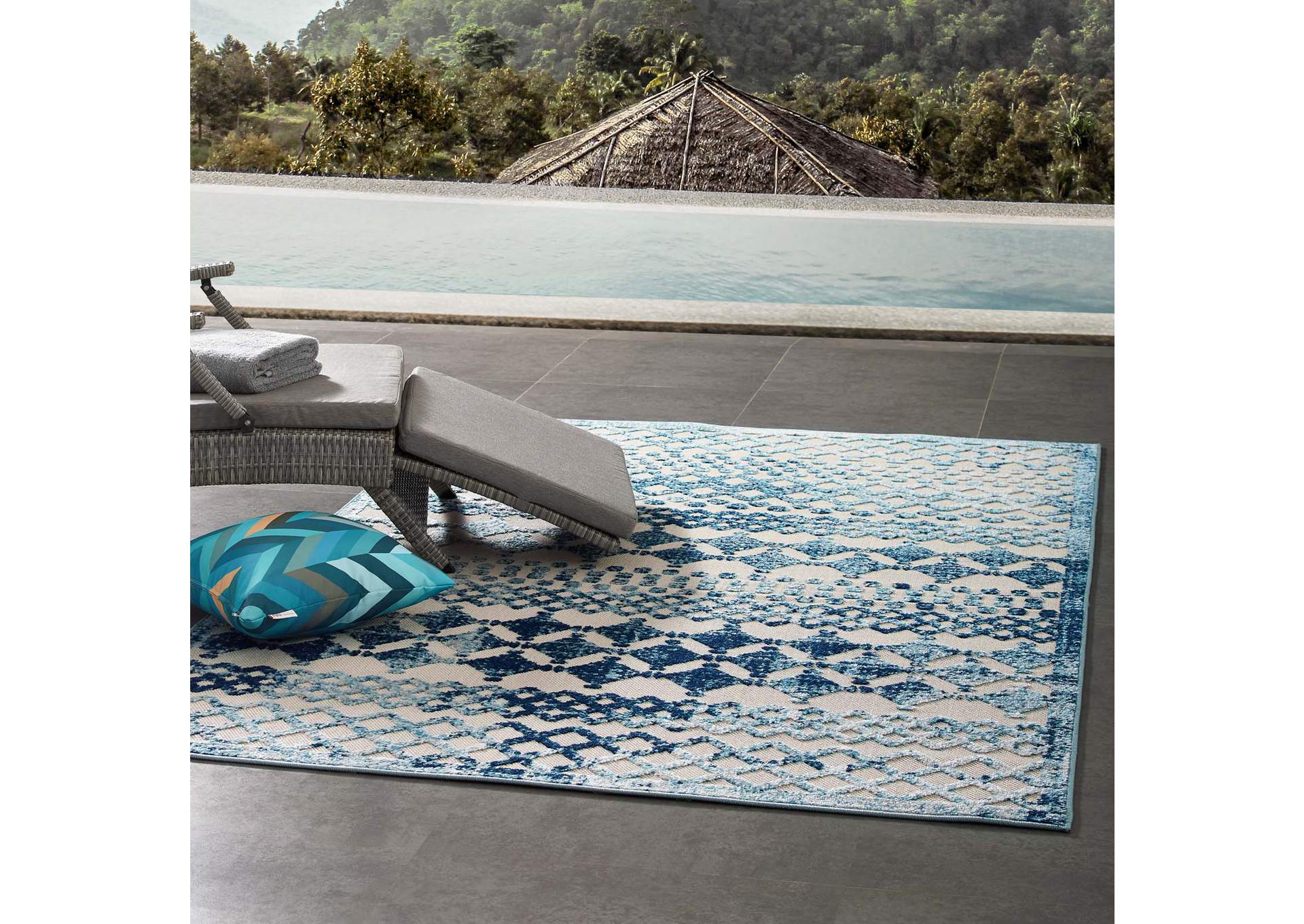 Ivory and Blue Reflect Giada Abstract Diamond Moroccan Trellis 5x8 Indoor/Outdoor Area Rug,Modway