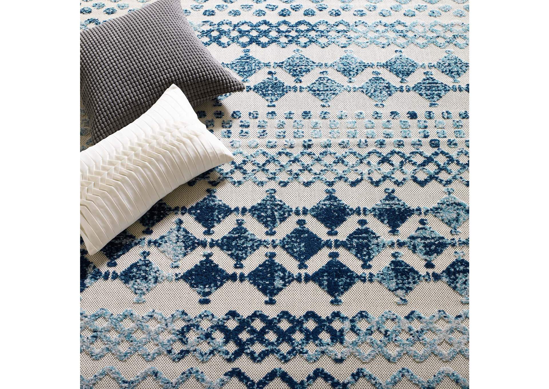 Ivory and Blue Reflect Giada Abstract Diamond Moroccan Trellis 8x10 Indoor/Outdoor Area Rug,Modway