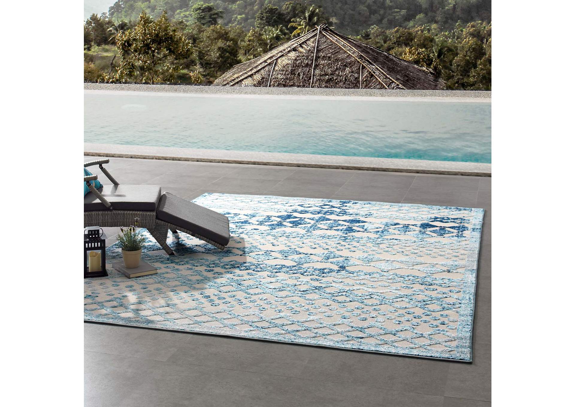 Ivory and Blue Reflect Giada Abstract Diamond Moroccan Trellis 8x10 Indoor/Outdoor Area Rug,Modway