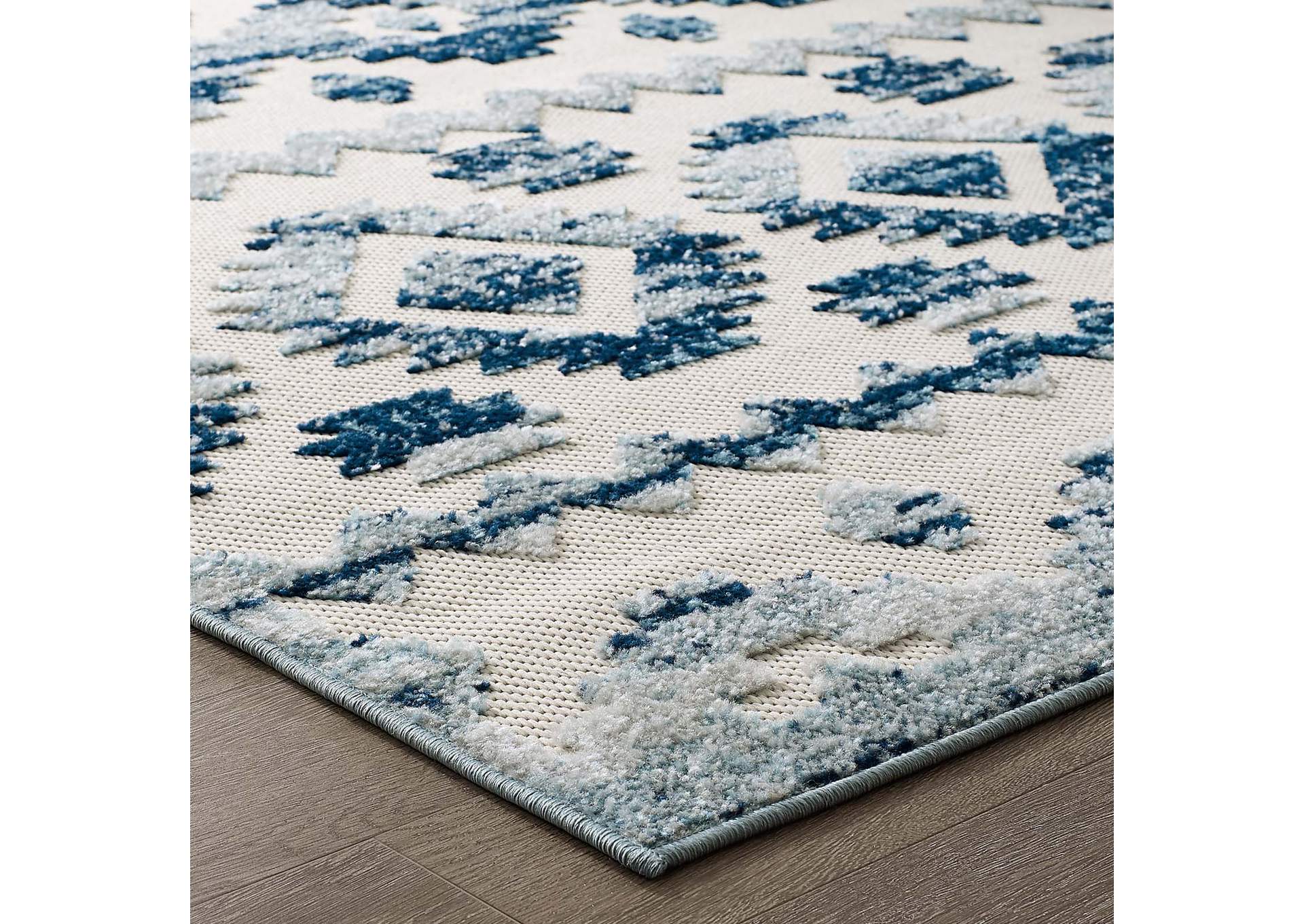 Ivory and Blue Reflect Takara Abstract Diamond Moroccan Trellis 5x8 Indoor and Outdoor Area Rug,Modway