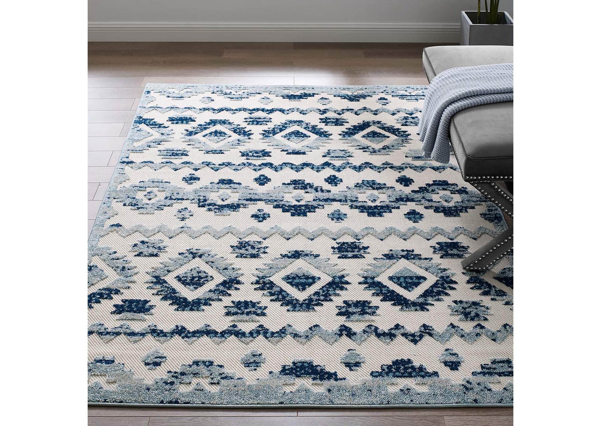 Ivory and Blue Reflect Takara Abstract Diamond Moroccan Trellis 5x8 Indoor and Outdoor Area Rug,Modway