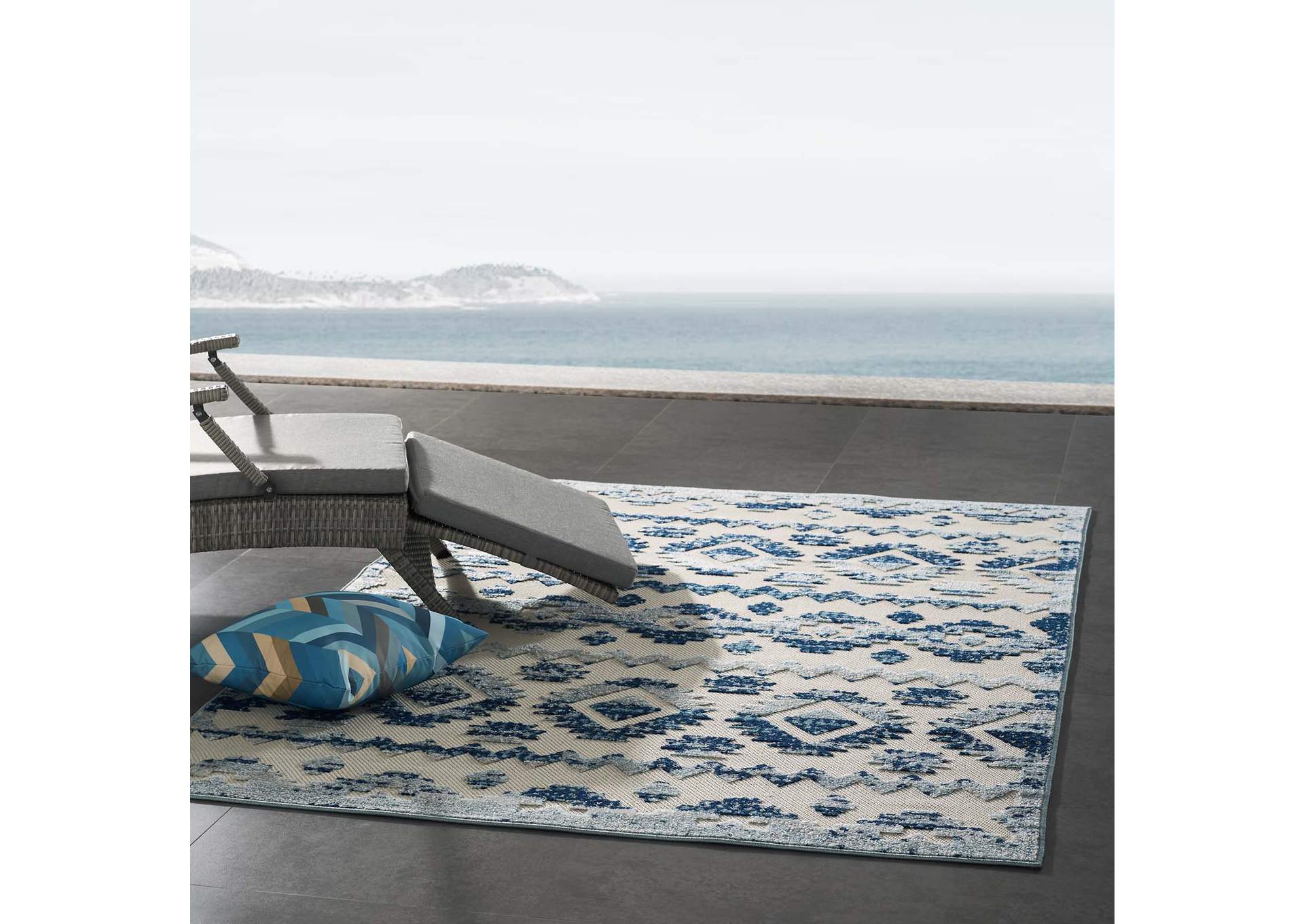 Ivory and Blue Reflect Takara Abstract Diamond Moroccan Trellis 5x8 Indoor and Outdoor Area Rug,Modway