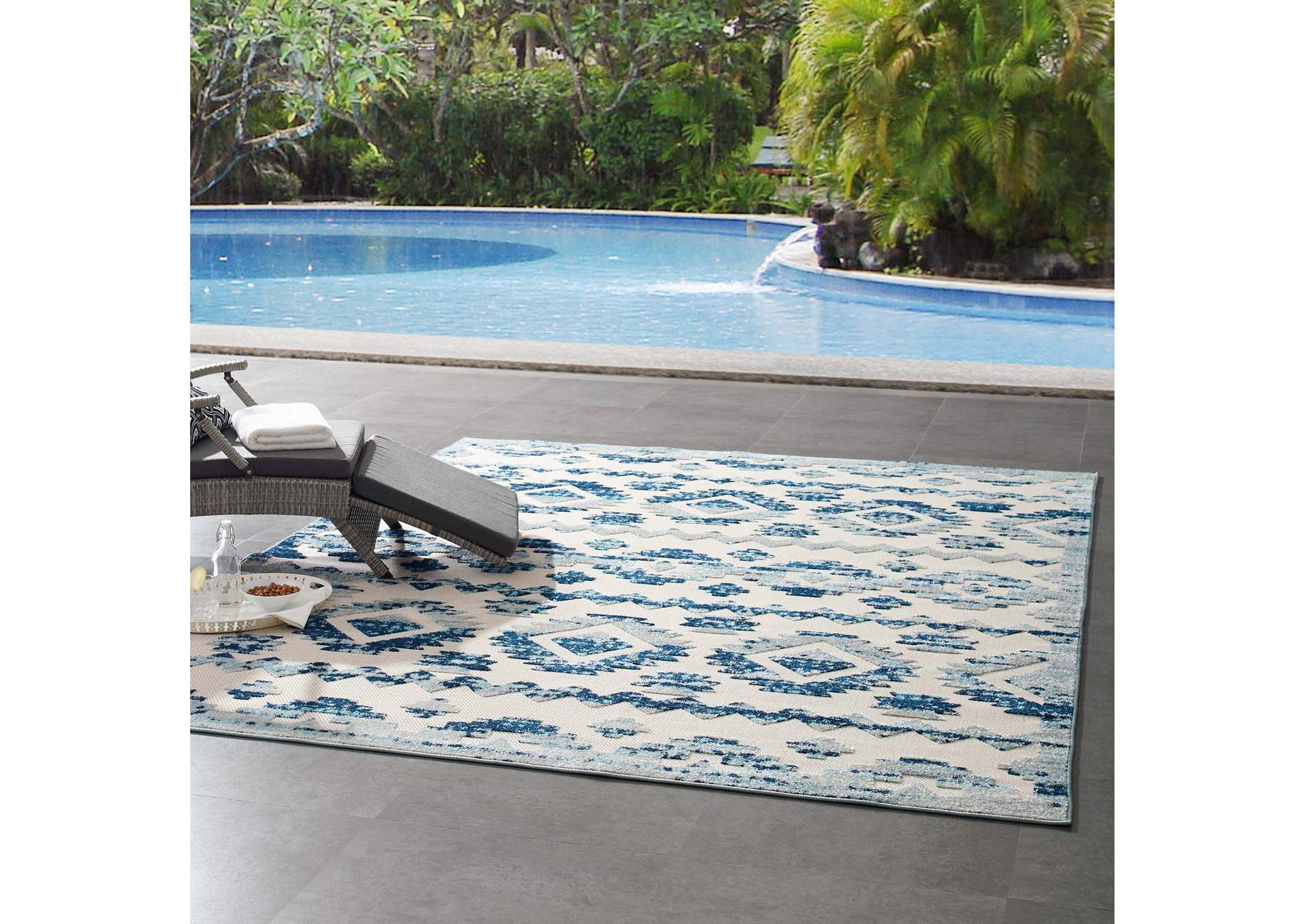 Ivory and Blue Reflect Takara Abstract Diamond Moroccan Trellis 8x10 Indoor and Outdoor Area Rug,Modway