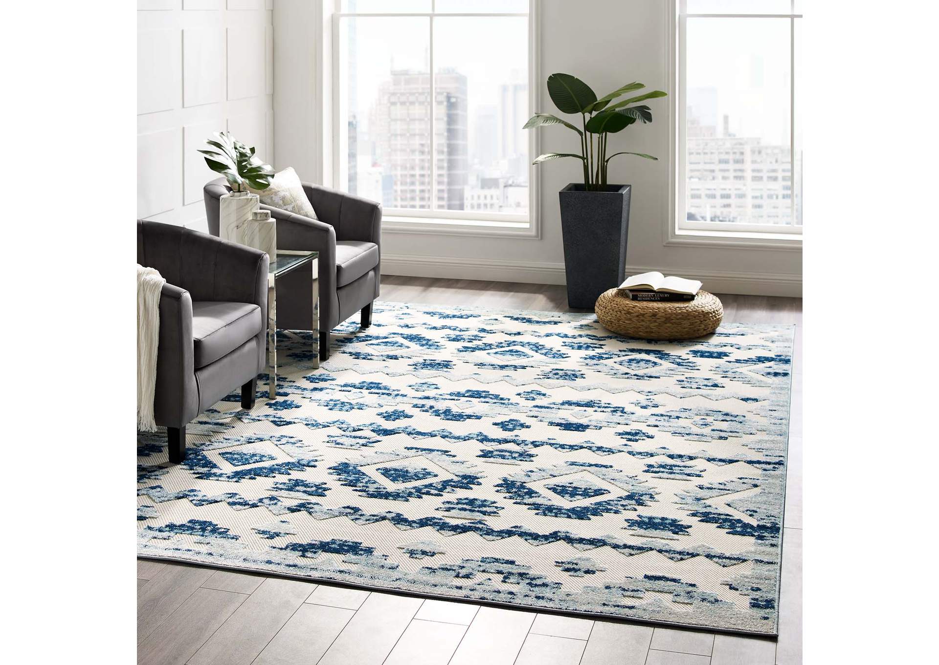 Ivory and Blue Reflect Takara Abstract Diamond Moroccan Trellis 8x10 Indoor and Outdoor Area Rug,Modway