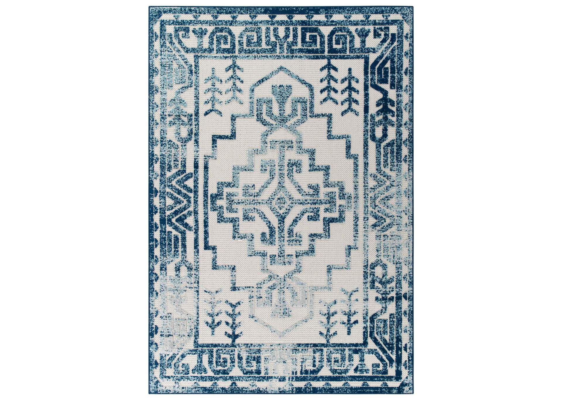 Ivory and Blue Reflect Nyssa Distressed Geometric Southwestern Aztec 5x8 Indoor/Outdoor Area Rug,Modway