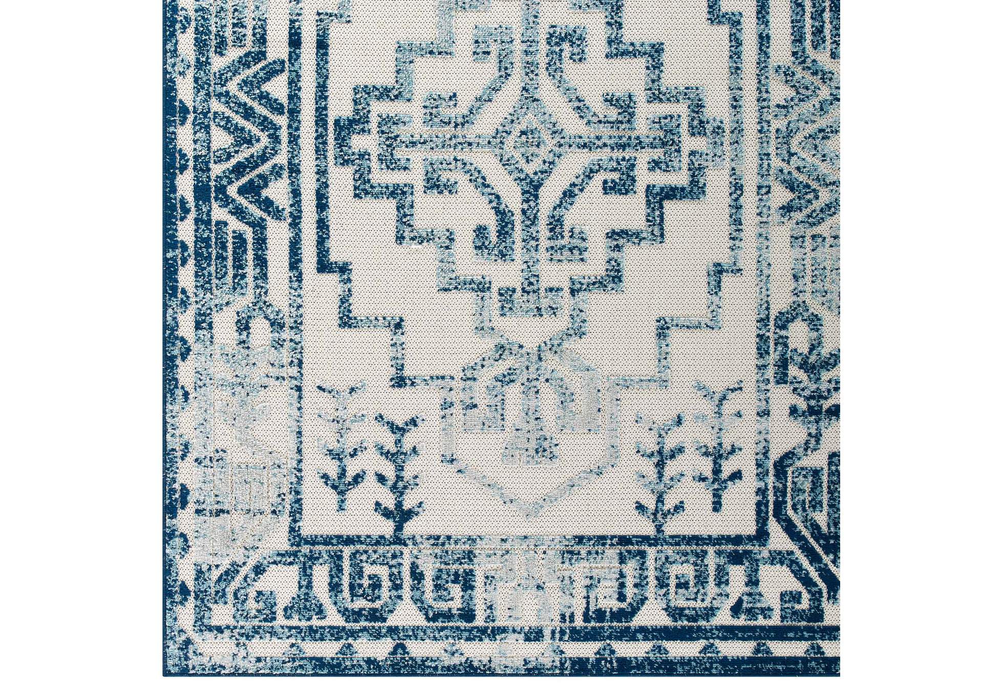 Ivory and Blue Reflect Nyssa Distressed Geometric Southwestern Aztec 5x8 Indoor/Outdoor Area Rug,Modway