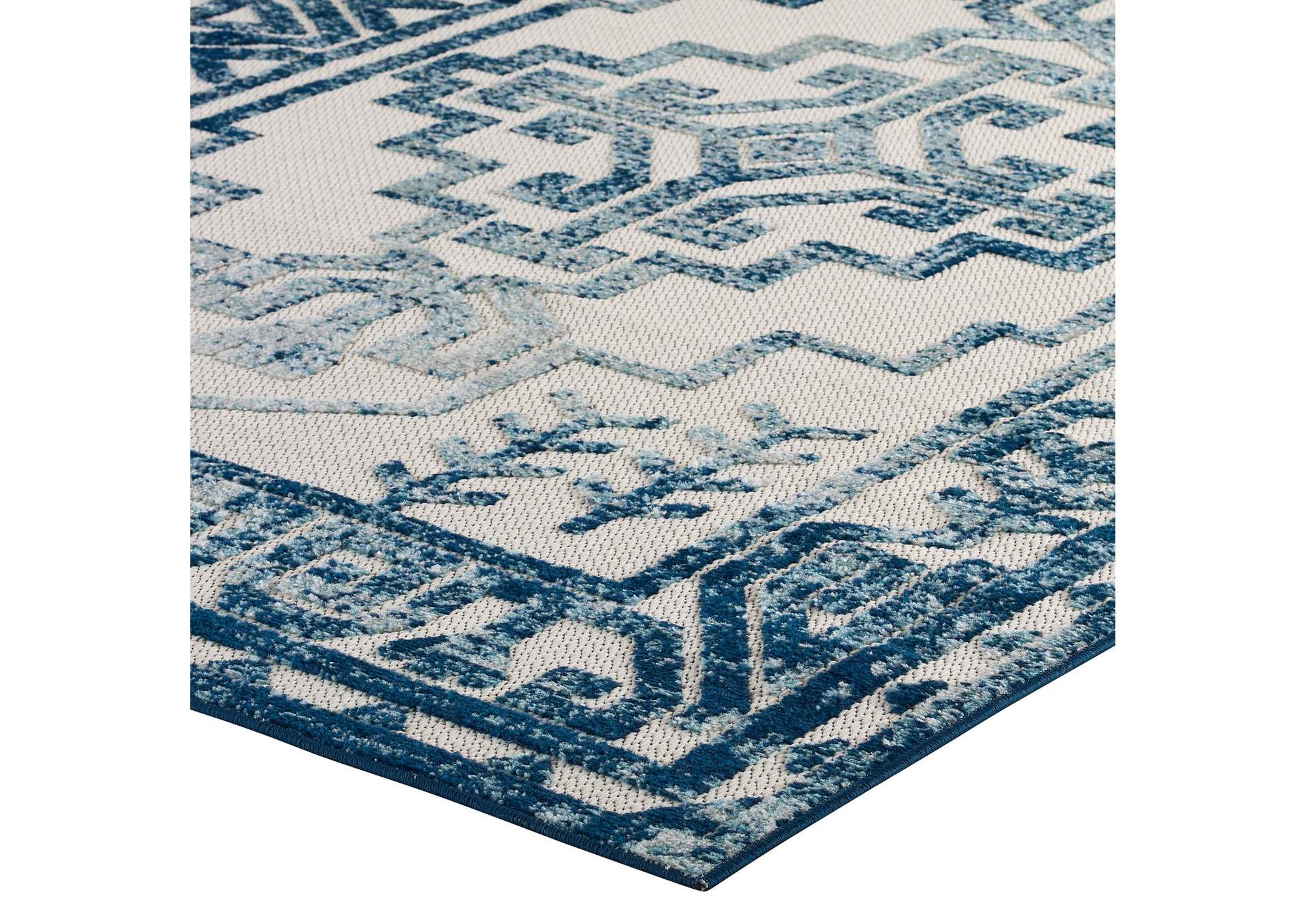 Ivory and Blue Reflect Nyssa Distressed Geometric Southwestern Aztec 5x8 Indoor/Outdoor Area Rug,Modway