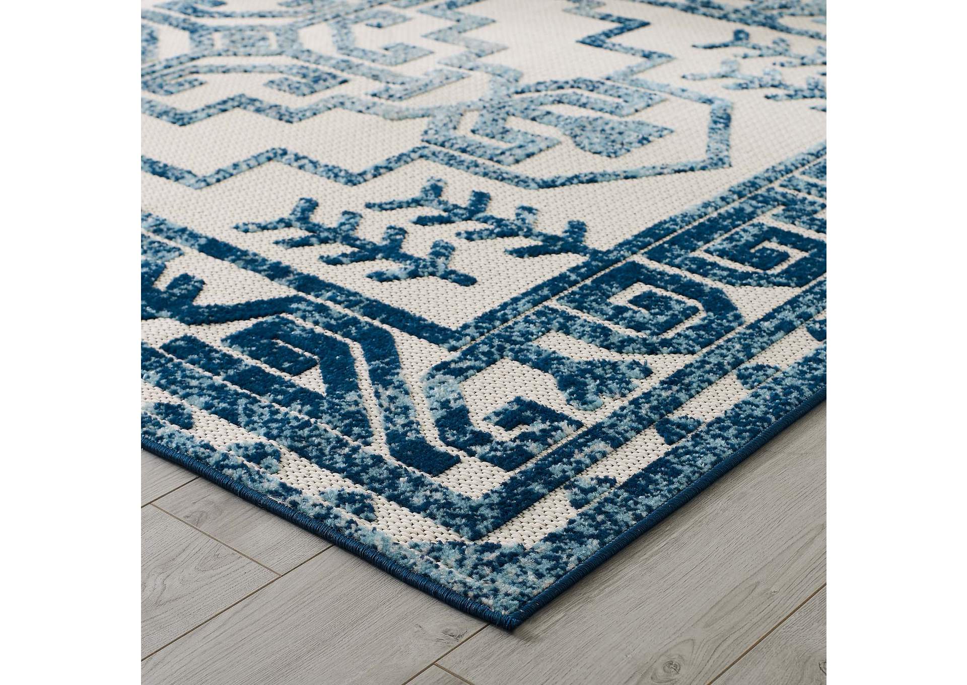 Ivory and Blue Reflect Nyssa Distressed Geometric Southwestern Aztec 5x8 Indoor/Outdoor Area Rug,Modway