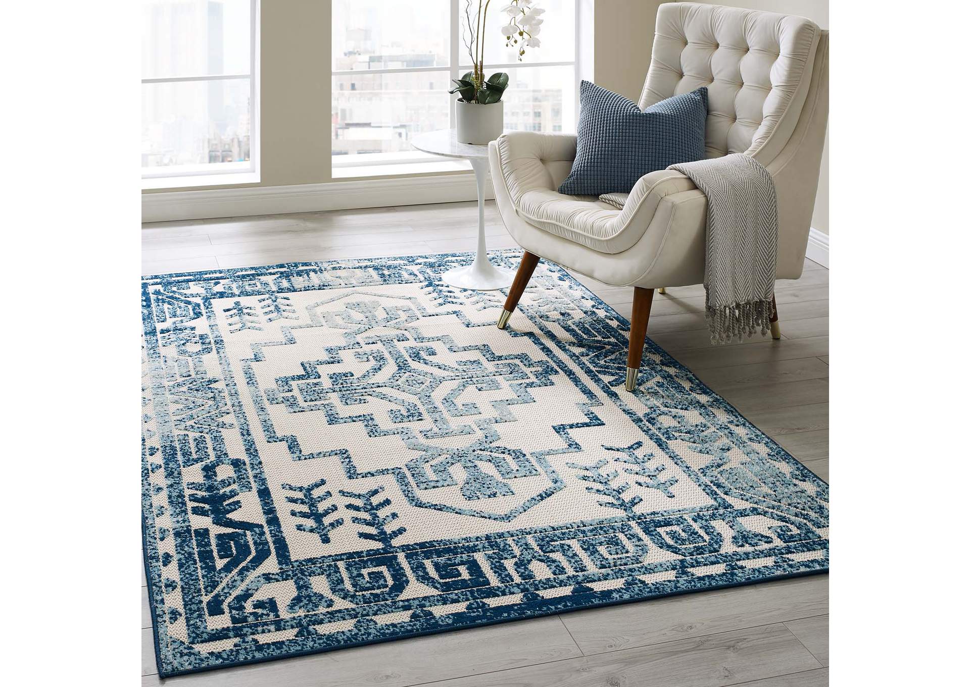 Ivory and Blue Reflect Nyssa Distressed Geometric Southwestern Aztec 5x8 Indoor/Outdoor Area Rug,Modway