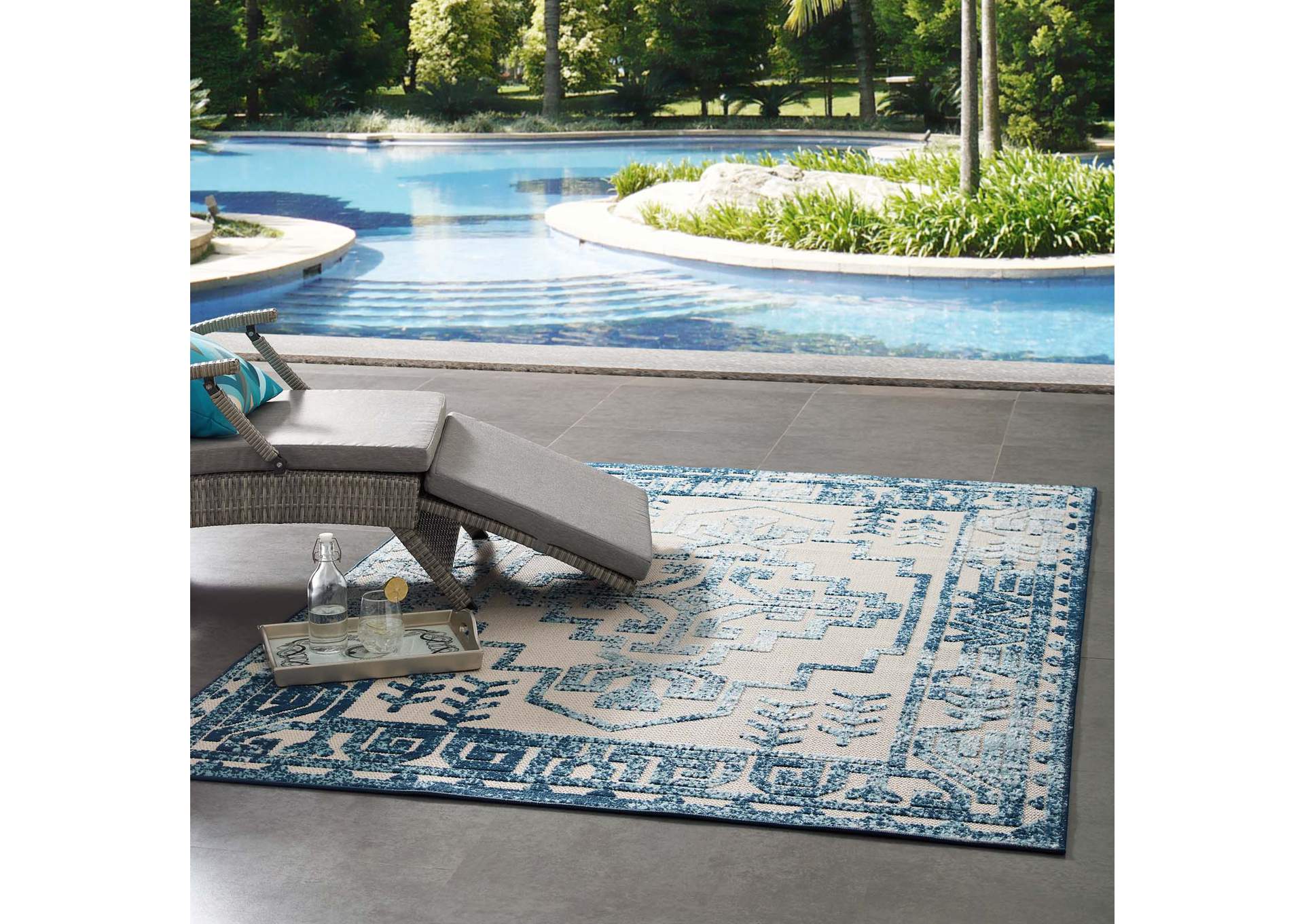 Ivory and Blue Reflect Nyssa Distressed Geometric Southwestern Aztec 5x8 Indoor/Outdoor Area Rug,Modway