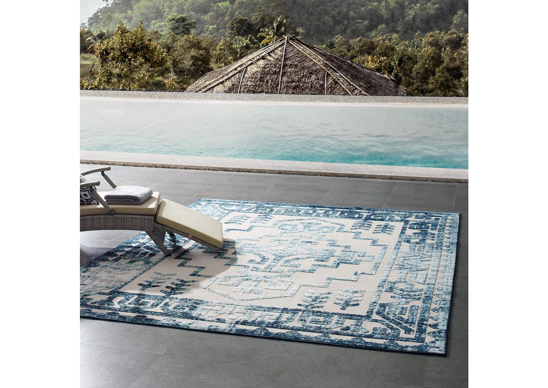 Ivory and Blue Reflect Nyssa Distressed Geometric Southwestern Aztec 8x10 Indoor/Outdoor Area Rug,Modway