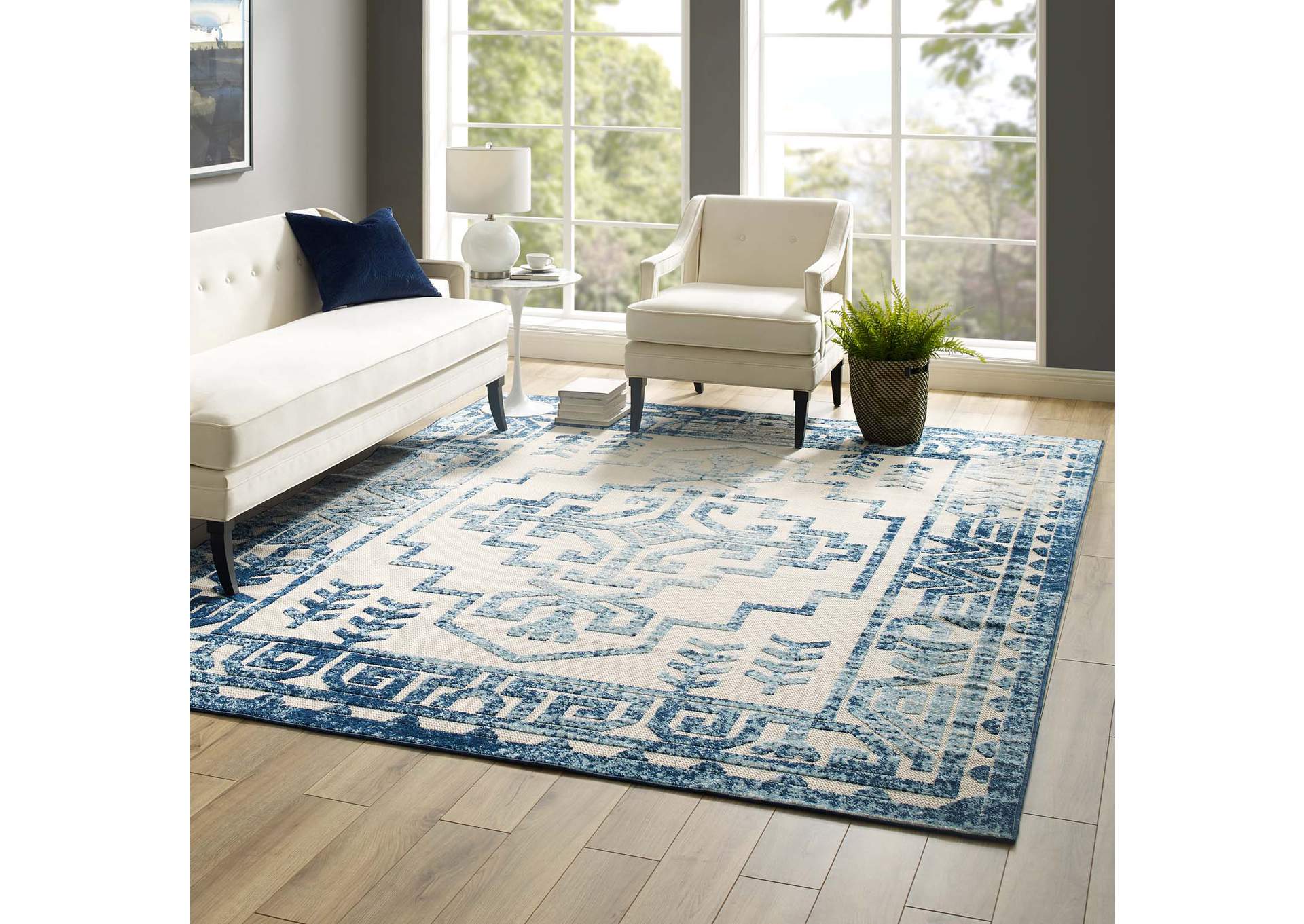 Ivory and Blue Reflect Nyssa Distressed Geometric Southwestern Aztec 8x10 Indoor/Outdoor Area Rug,Modway