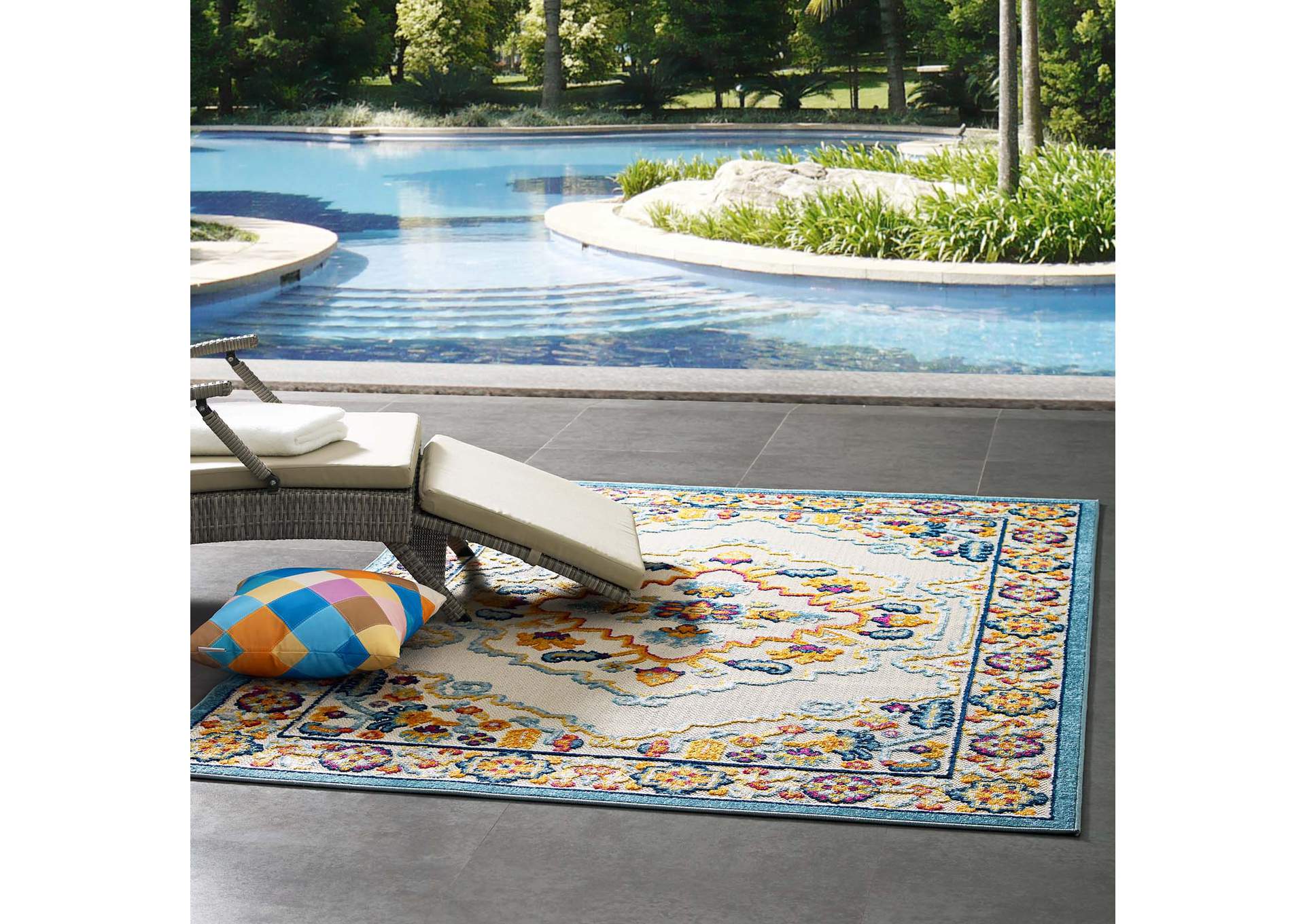 Multicolored Reflect Ansel Distressed Floral Persian Medallion 5x8 Indoor and Outdoor Area Rug,Modway