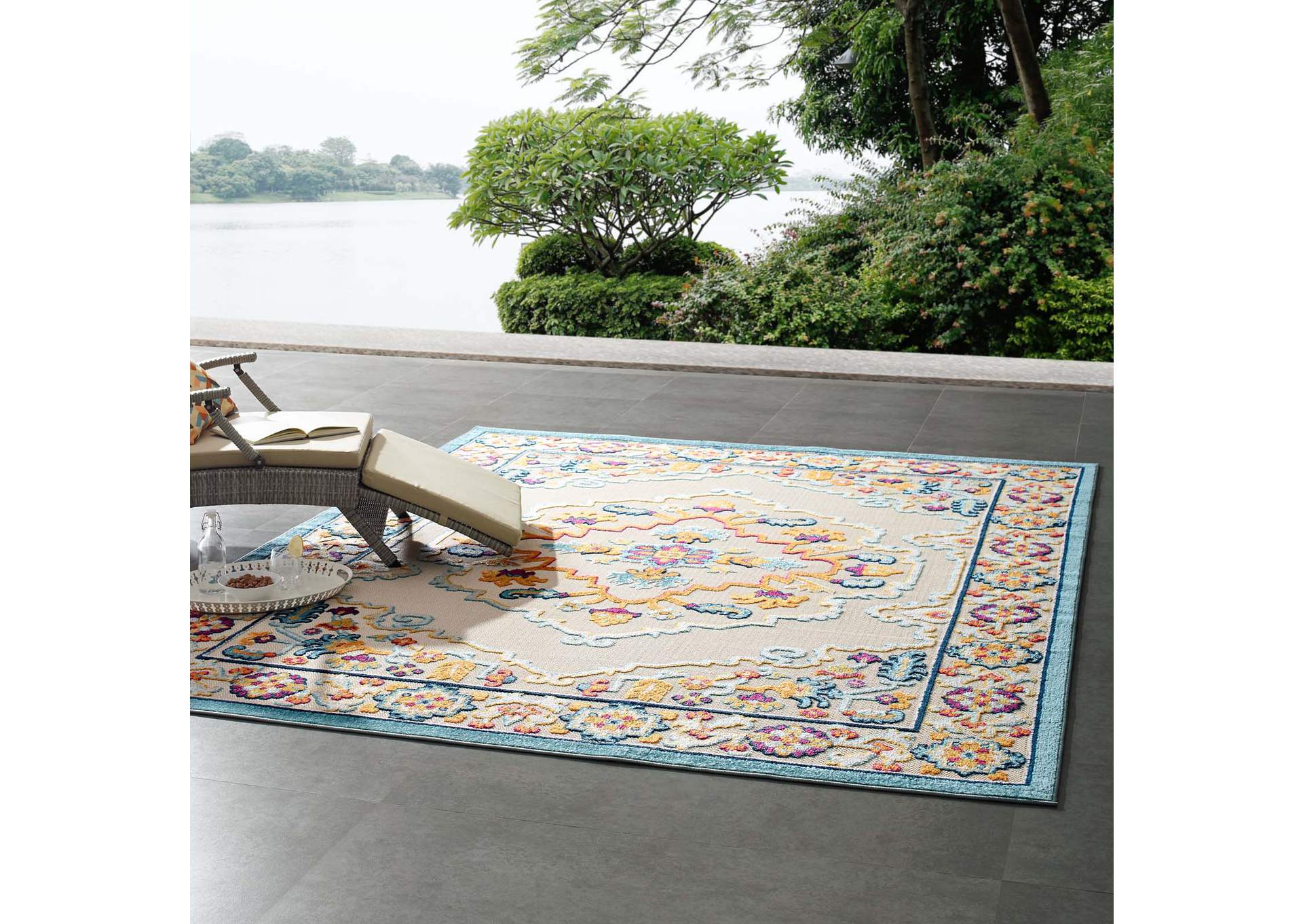 Multicolored Reflect Ansel Distressed Floral Persian Medallion 8x10 Indoor and Outdoor Area Rug,Modway