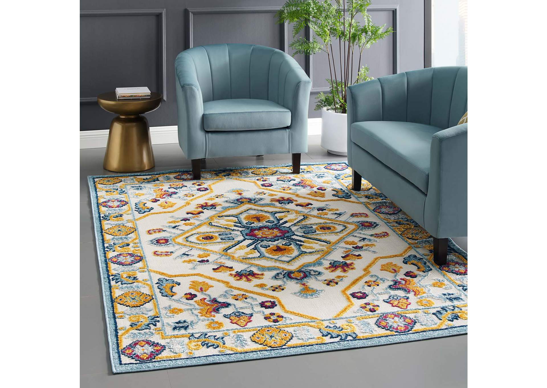 Multicolored Reflect Freesia Distressed Floral Persian Medallion 5x8 Indoor and Outdoor Area Rug,Modway