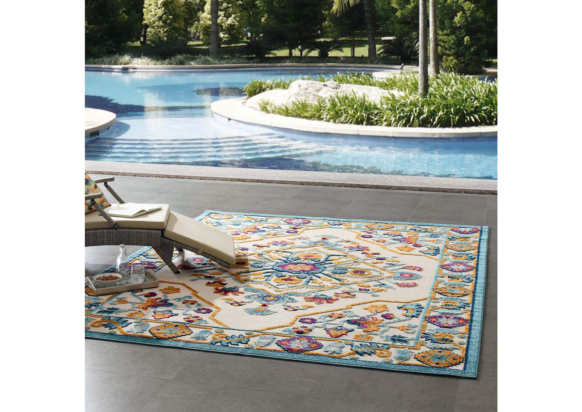 Multicolored Reflect Freesia Distressed Floral Persian Medallion 8x10 Indoor and Outdoor Area Rug,Modway