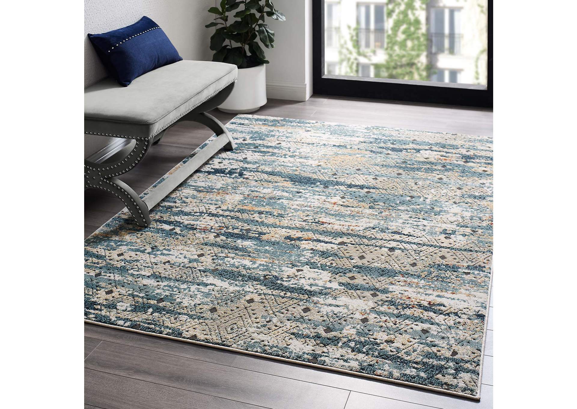 Multicolored Tribute Eisley Rustic Distressed Transitional Diamond Lattice 5x8 Area Rug,Modway