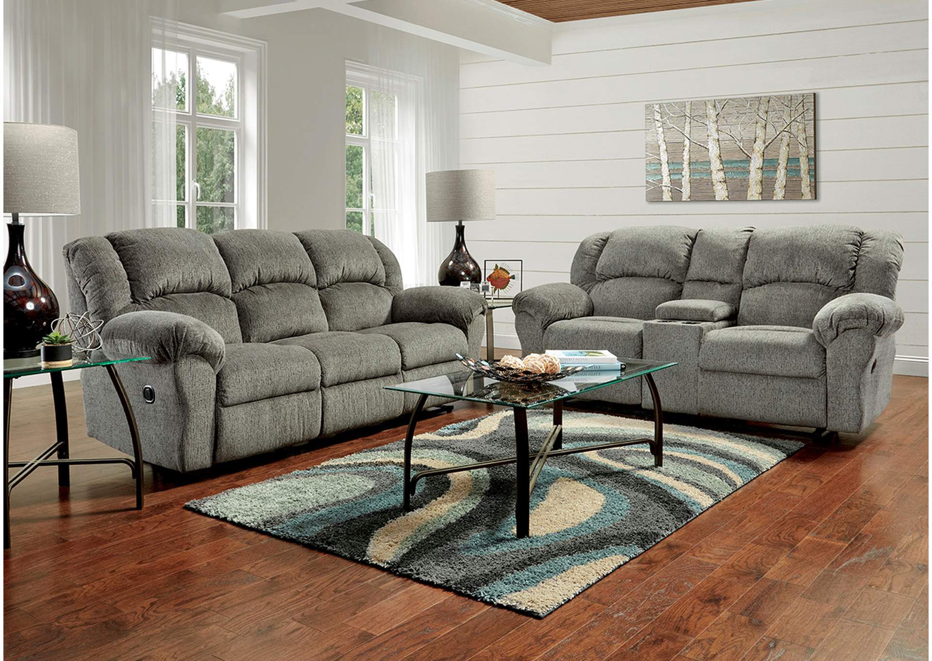 U102 Mist Gray Reclining Sofa & Reclining Loveseat W/Console - U102,Nationwide