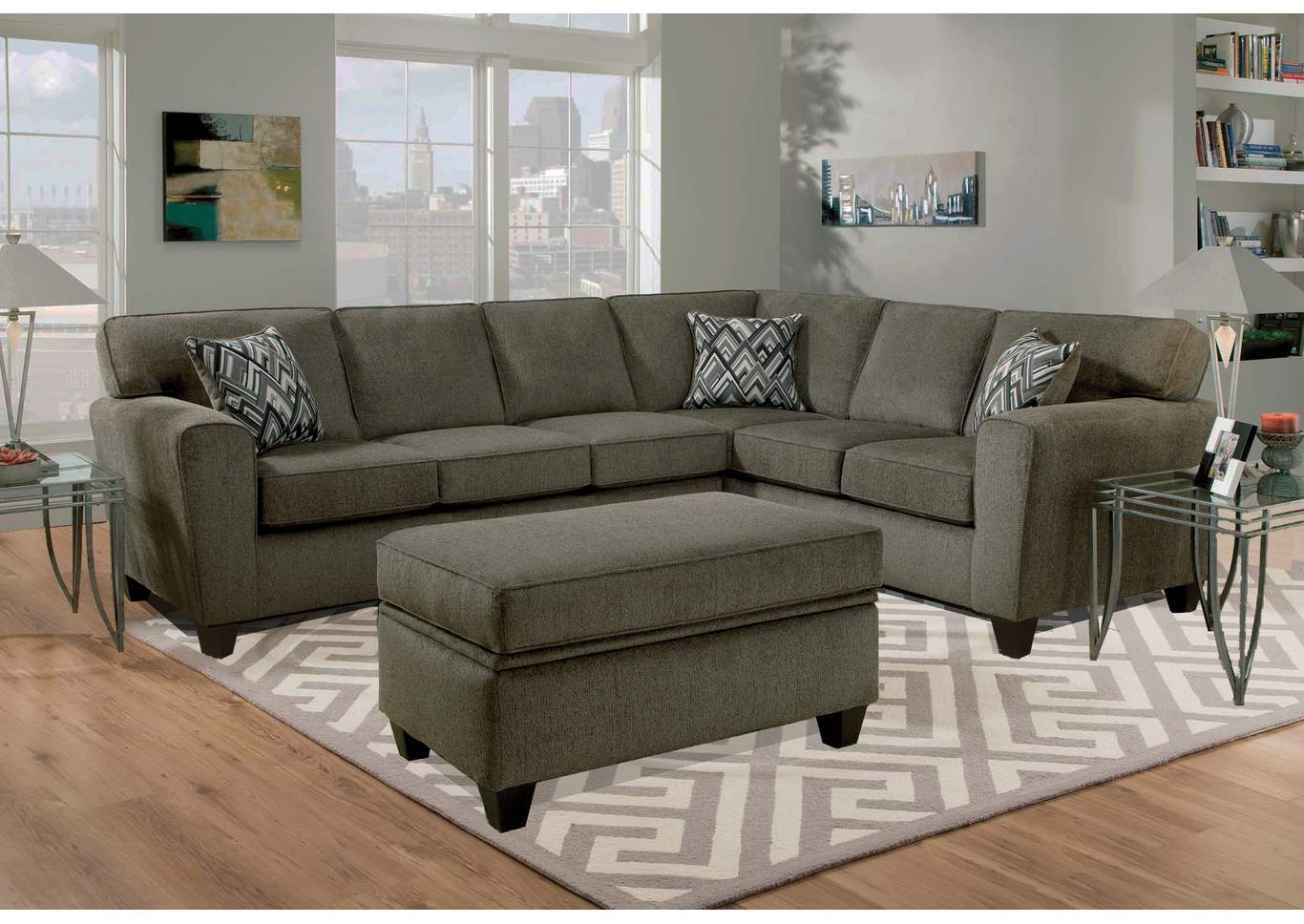 U310 Taupe Two Piece L-Shaped Sofa Sectional In A Grey Textured Fabric. Reversible Seat Cushions And Attached Back Pillows. Storage Ottoman Also Avail,Nationwide