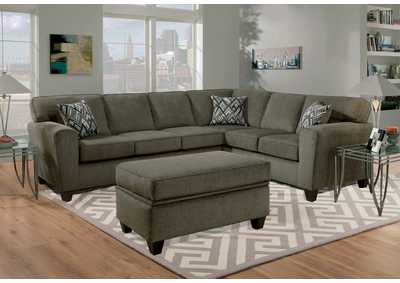 U310 Taupe Two Piece L-Shaped Sofa Sectional In A Grey Textured Fabric. Reversible Seat Cushions And Attached Back Pillows. Storage Ottoman Also Avail