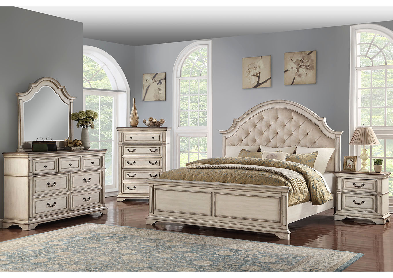 Anastasia Antique White Queen Upholstered Panel Bed,New Classic