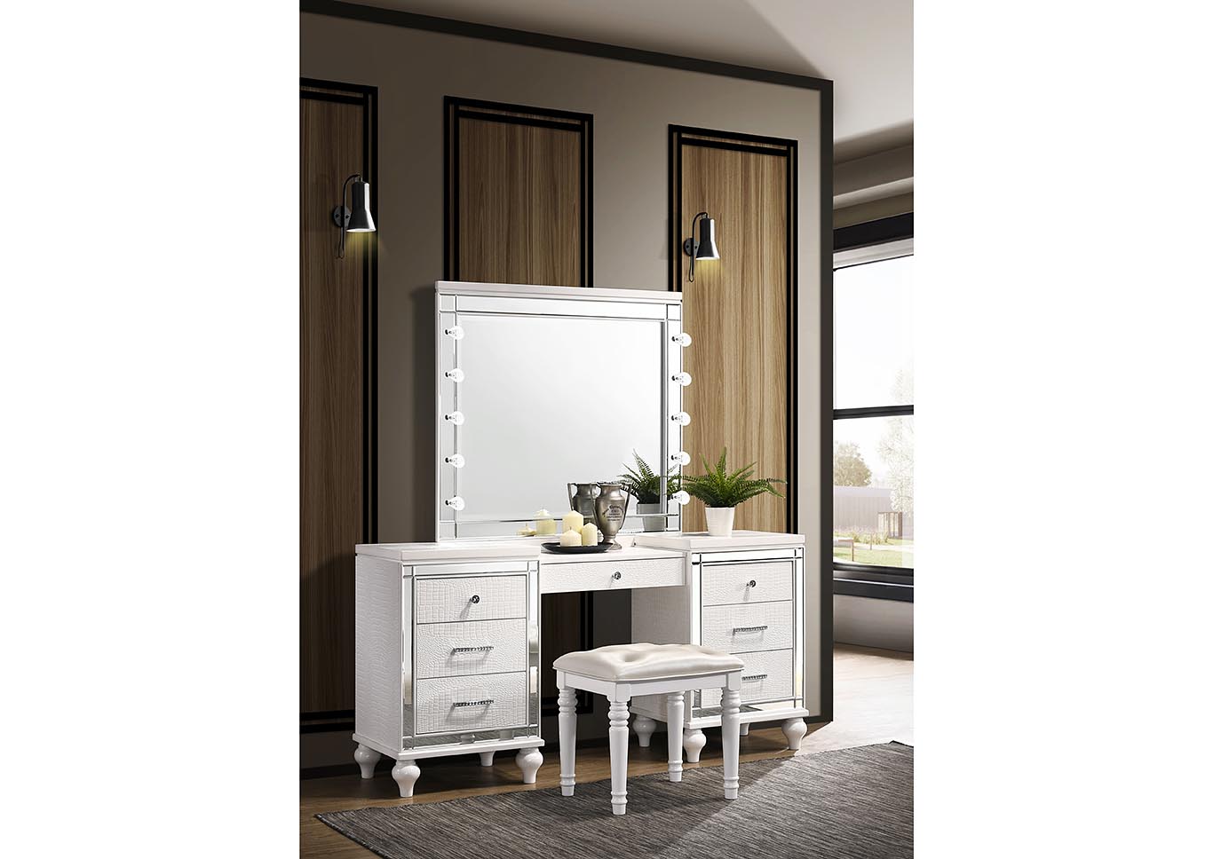 Valentino White Vanity Table w/Mirror (Bulbs Not Included),New Classic