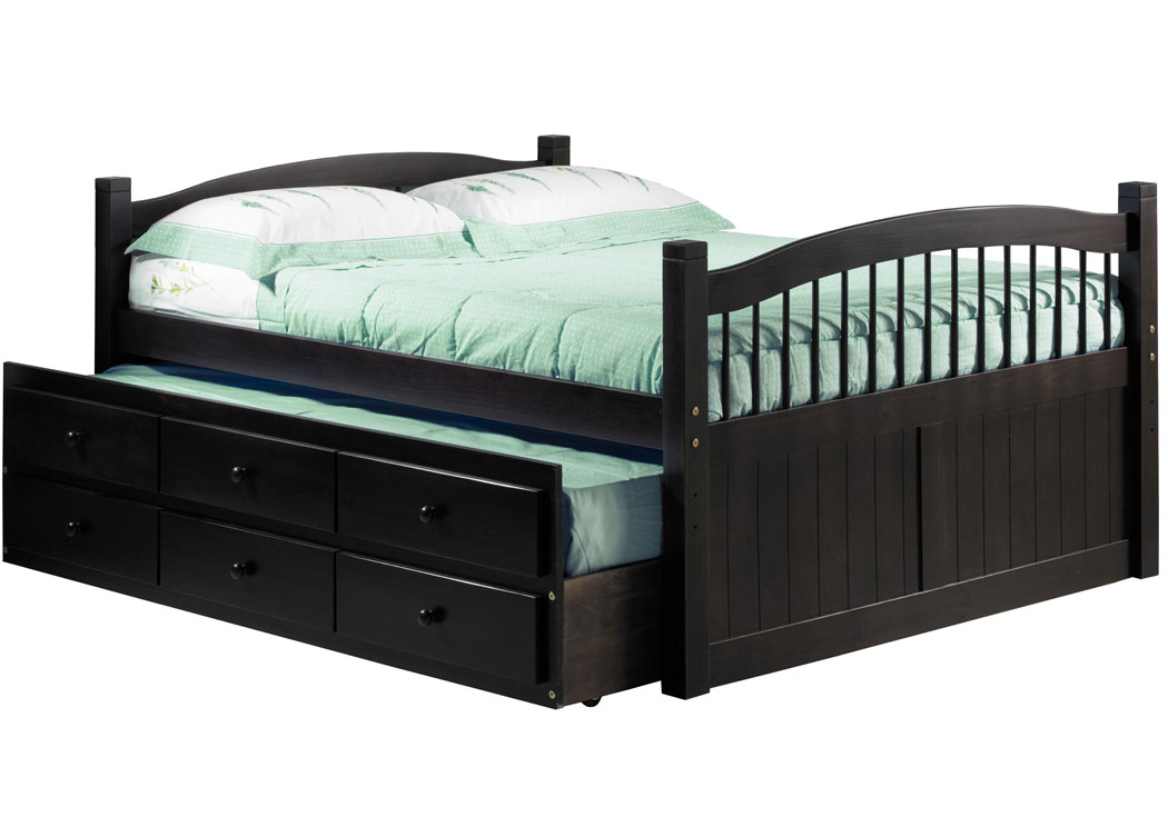 York Java Full Captain's Bed w/ Trundle, 3 Storage Drawers & Antique Brass Knobs,Palace Imports