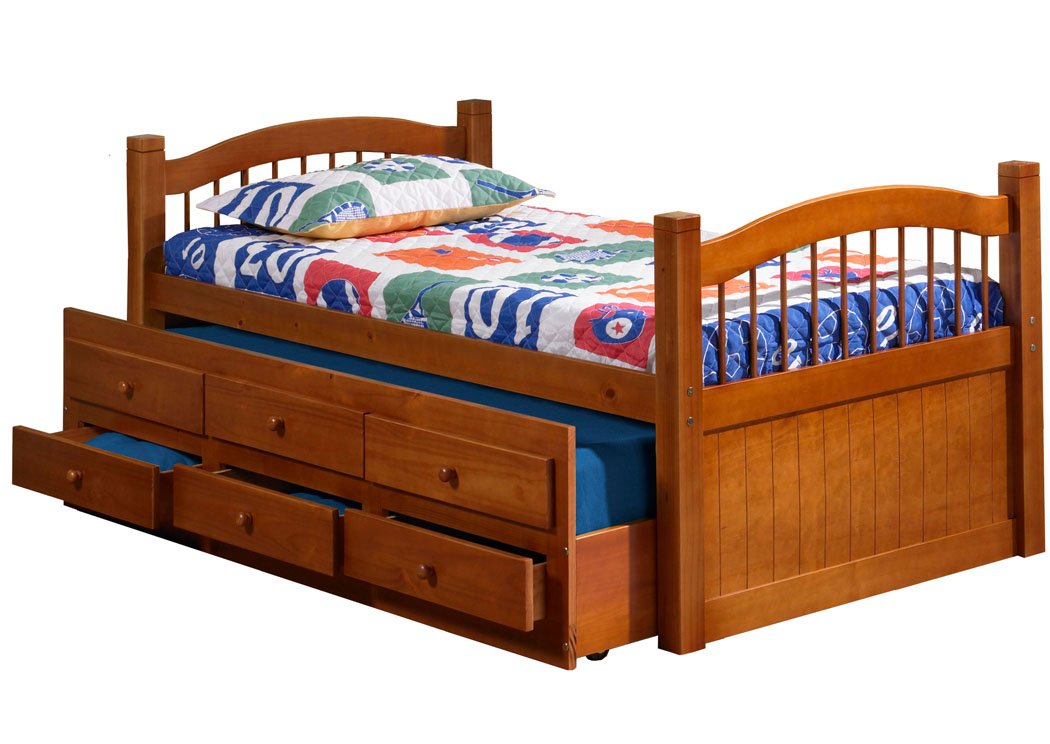 York Java Twin Captain's Bed w/ Trundle, 3 Storage Drawers & Antique Brass Knobs,Palace Imports