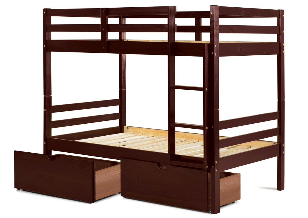 Arizona Mahogany Twin/Twin Bunk Bed w/ 2 Storage Drawers & Extra Slats,Palace Imports