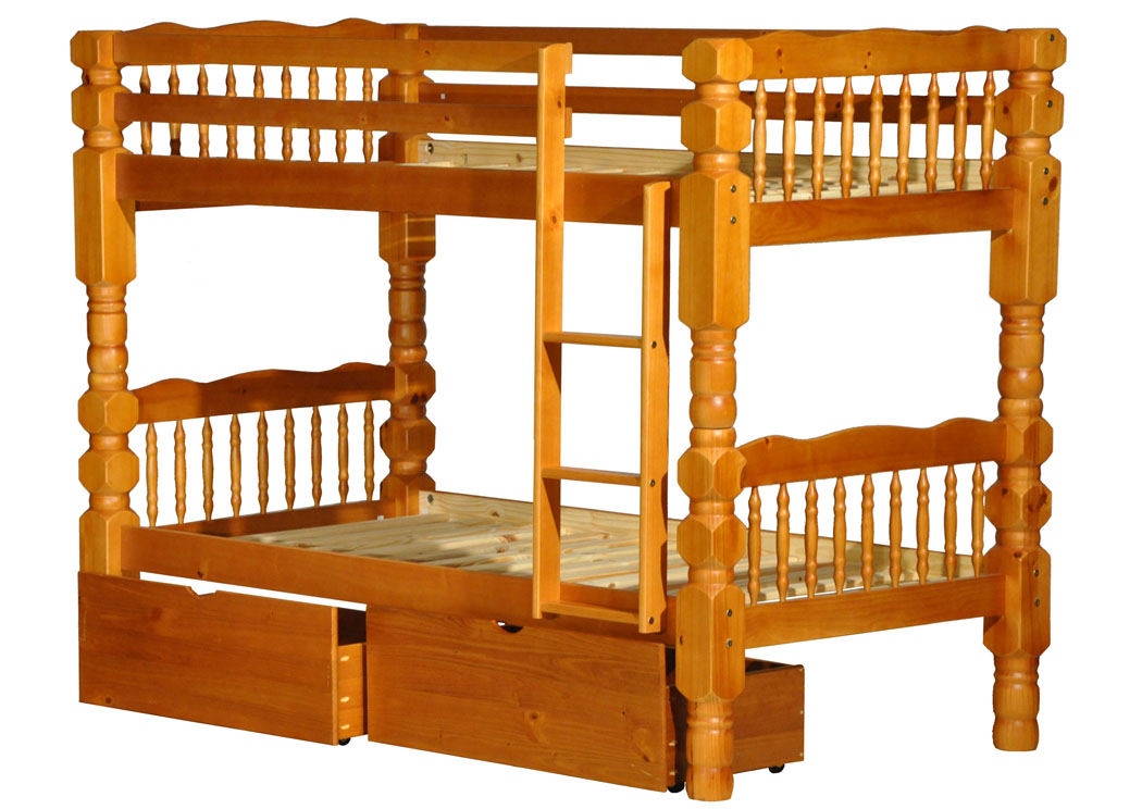 Woodbridge Honey Pine Twin/Twin Bunk Bed w/ 2 Storage Drawers & Extra Slats,Palace Imports