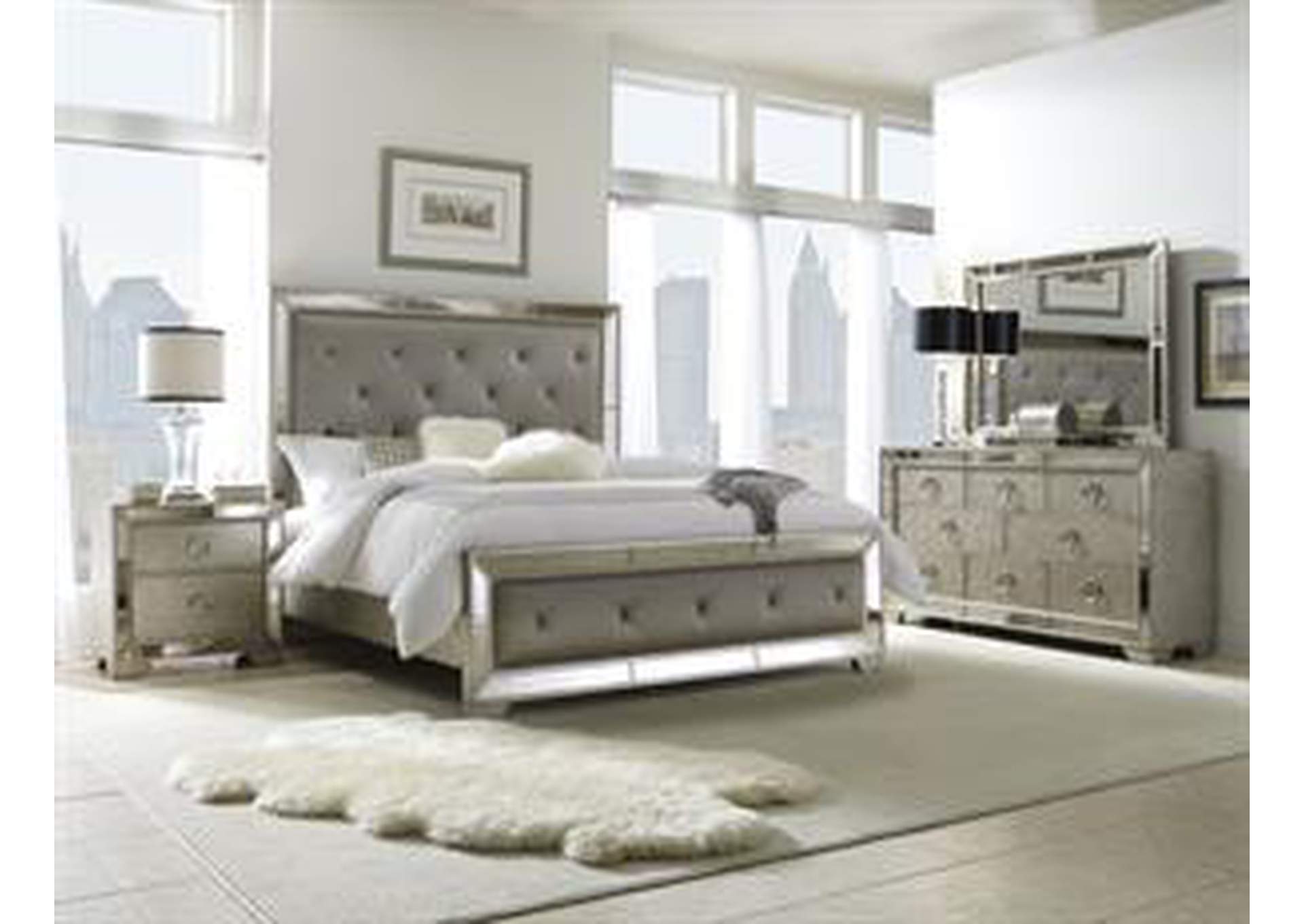 Farrah Metallic Silver Queen Upholstered Panel Bed w/Dresser and Mirror,Pulaski Furniture