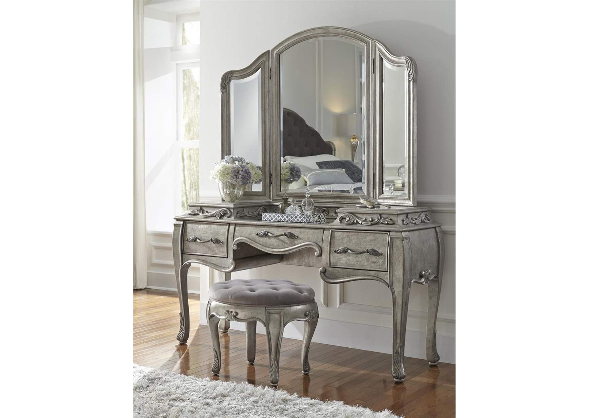 Rhianna Aged Silver Vanity Table Set w/Mirror & Stool,Pulaski Furniture