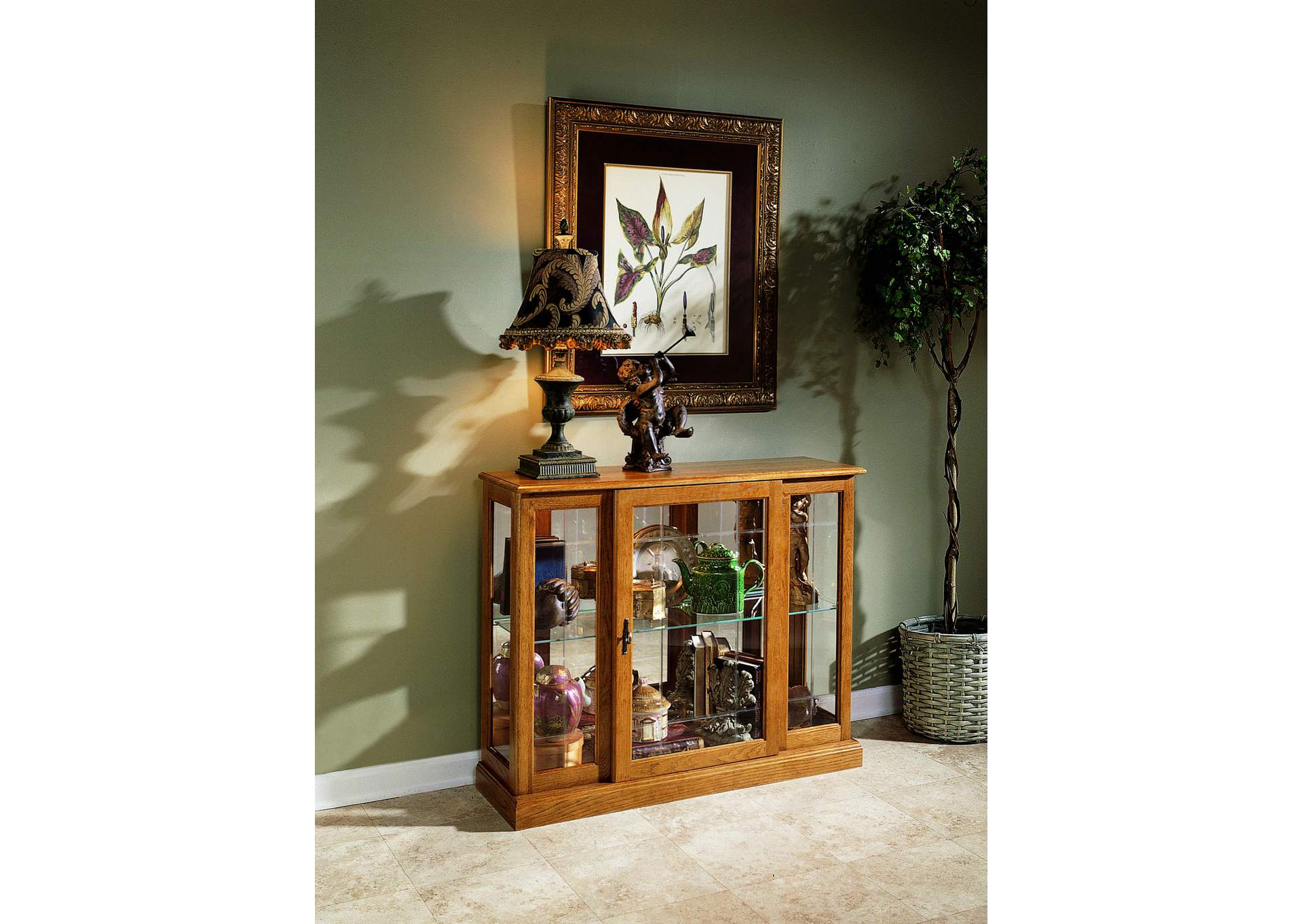 Lighted 1 Shelf Console Display Cabinet in Golden Oak Brown,Pulaski Furniture