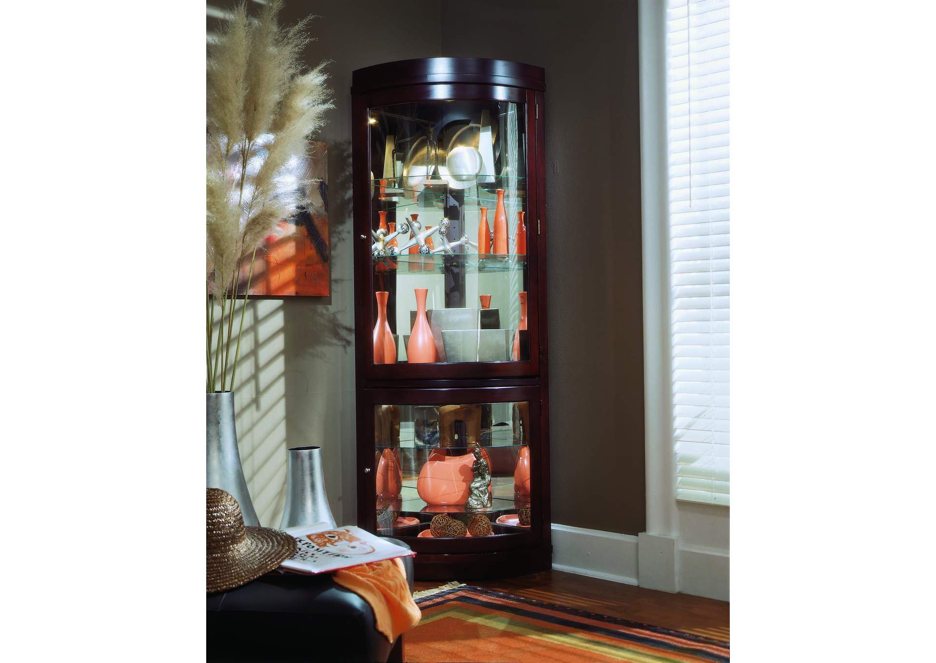 Curved 5 Shelf Corner Curio Cabinet in Cherry Brown,Pulaski Furniture