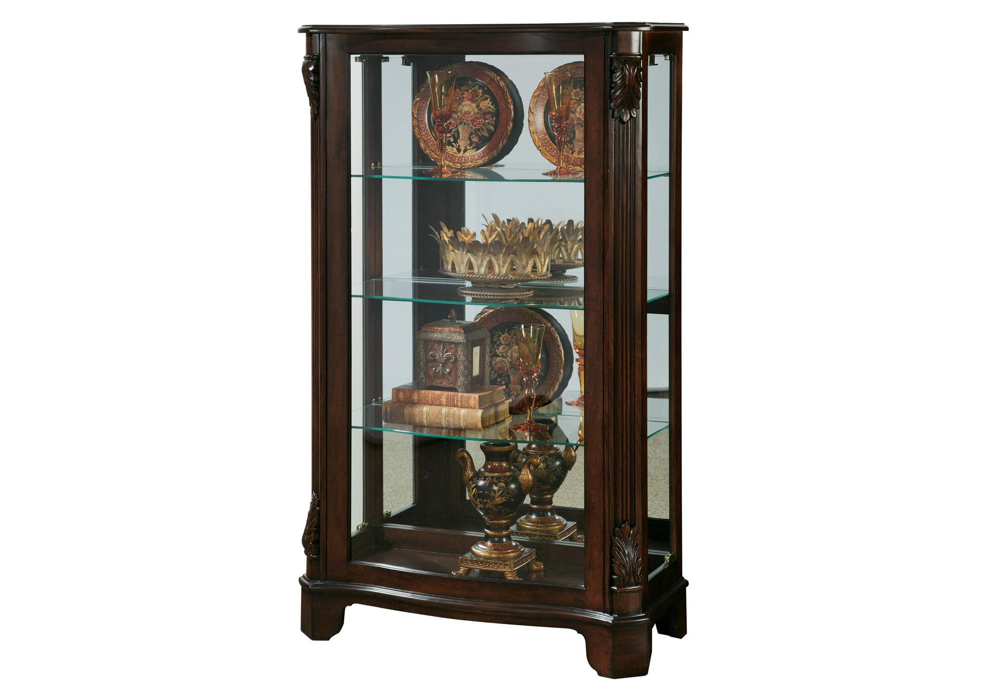 Distinguished Carved 3 Shelf Curio Cabinet in Cherry Brown,Pulaski Furniture